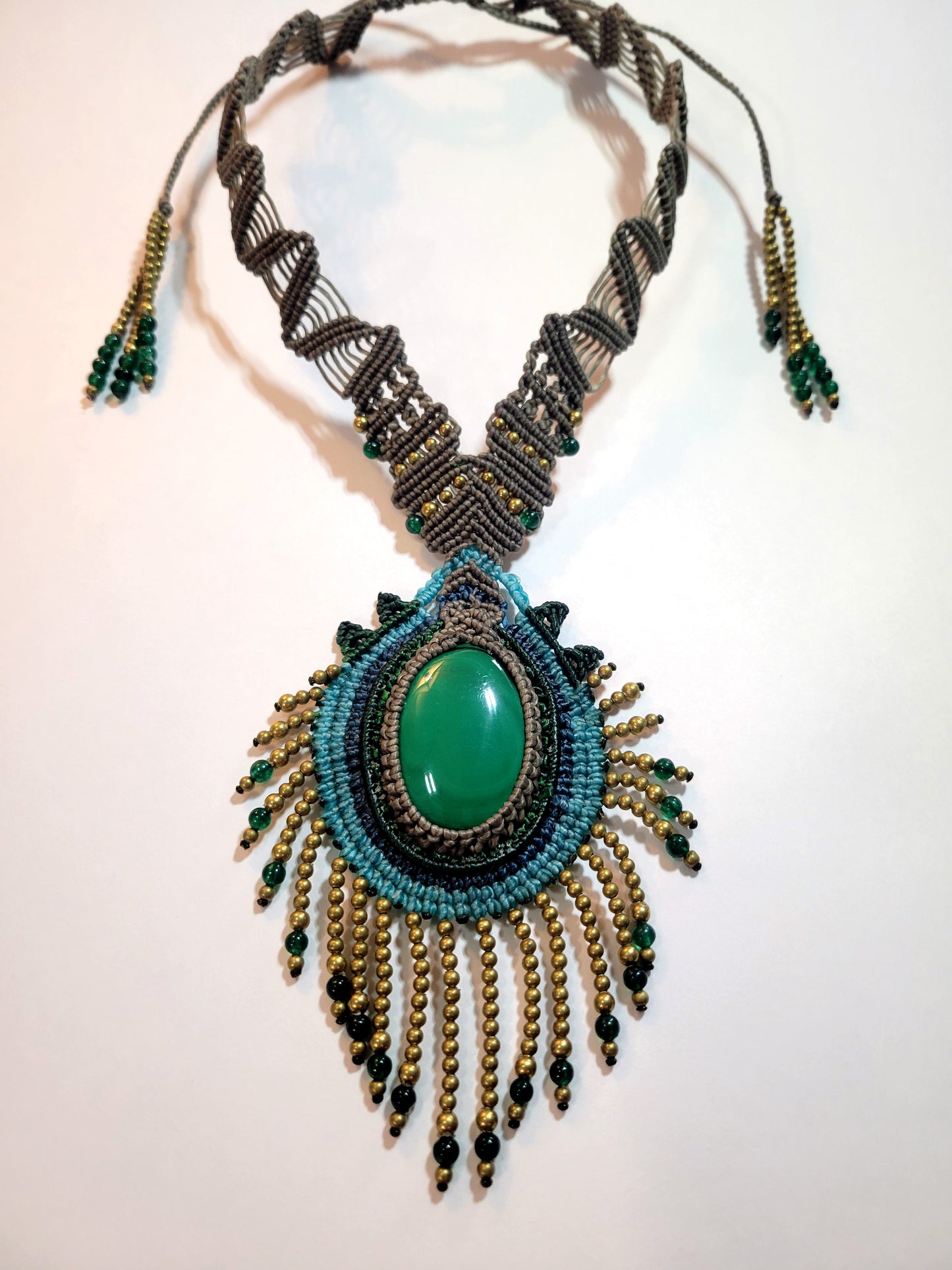 Ornate Malachite Pendant Necklace – Peacock Feather Micromacrame with Brass & Green Onyx Beads