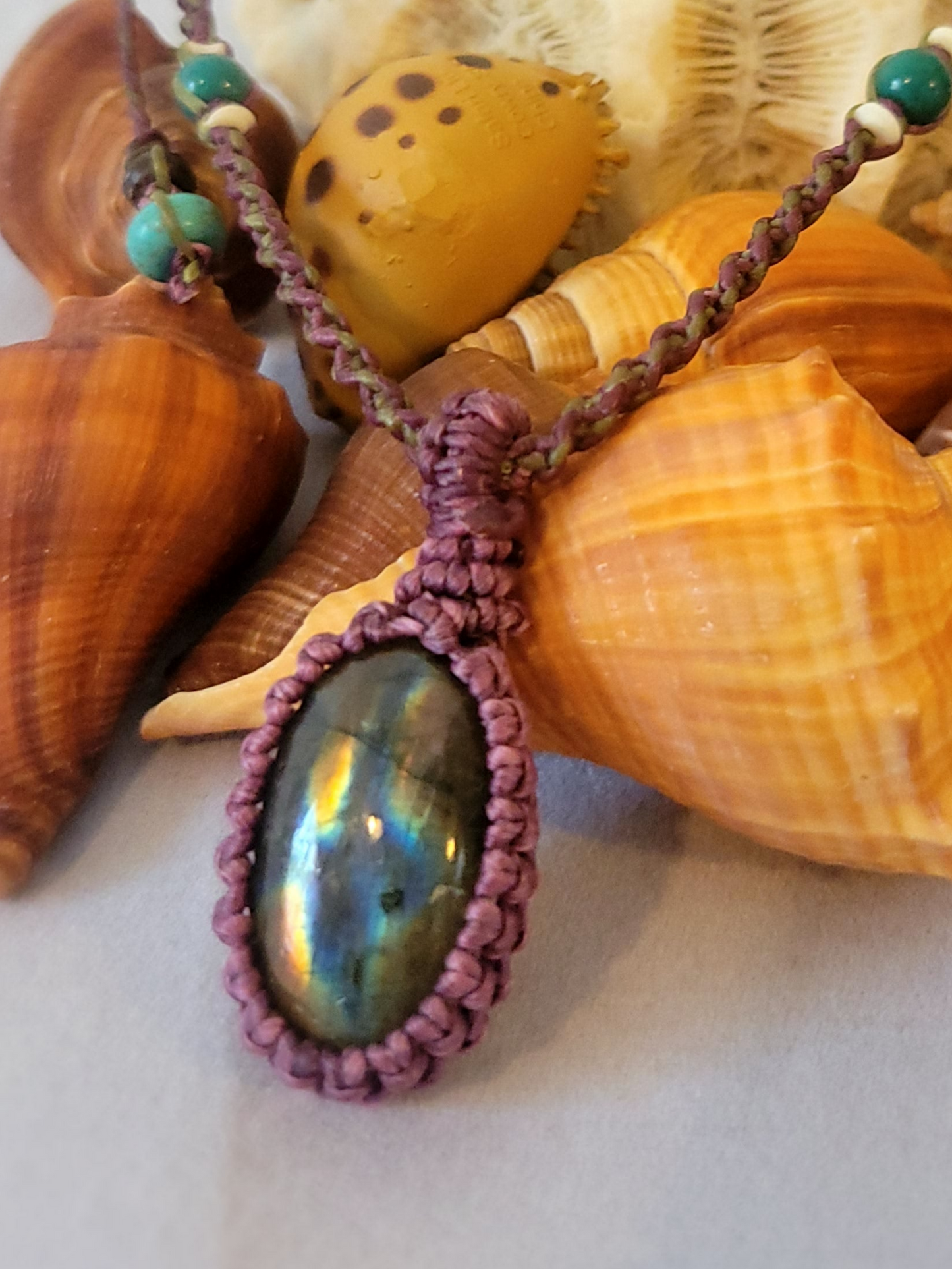 Labradorite Pendant Necklace with Purple Macrame Cord – Adjustable Length Bohemian Jewelry