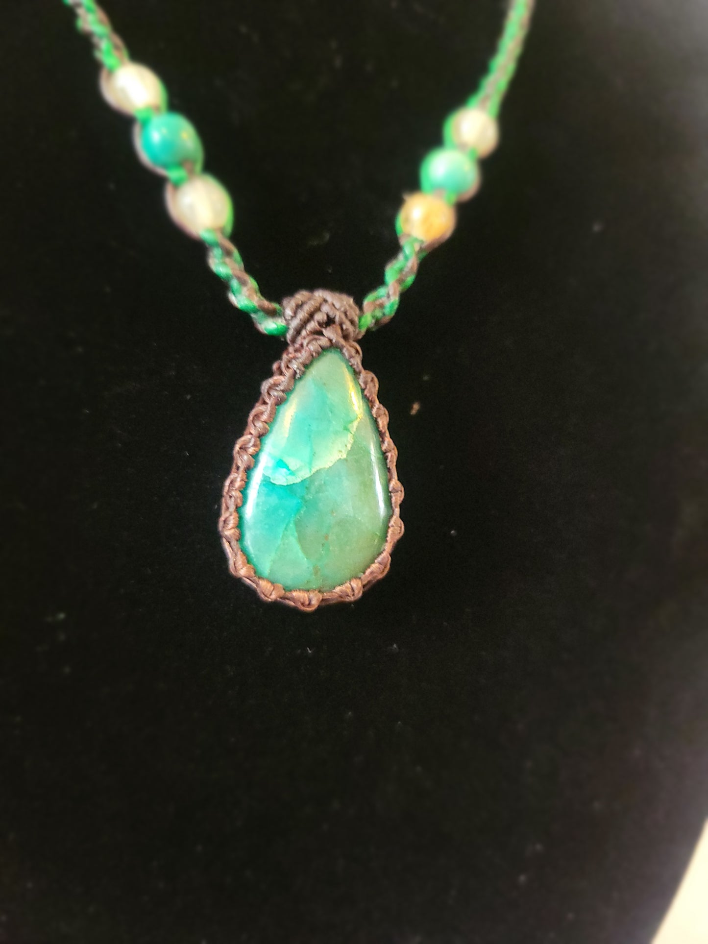 Elegant Green Chrysocolla Stone Pendant - Micromacrame Artistry with Quartz Beads