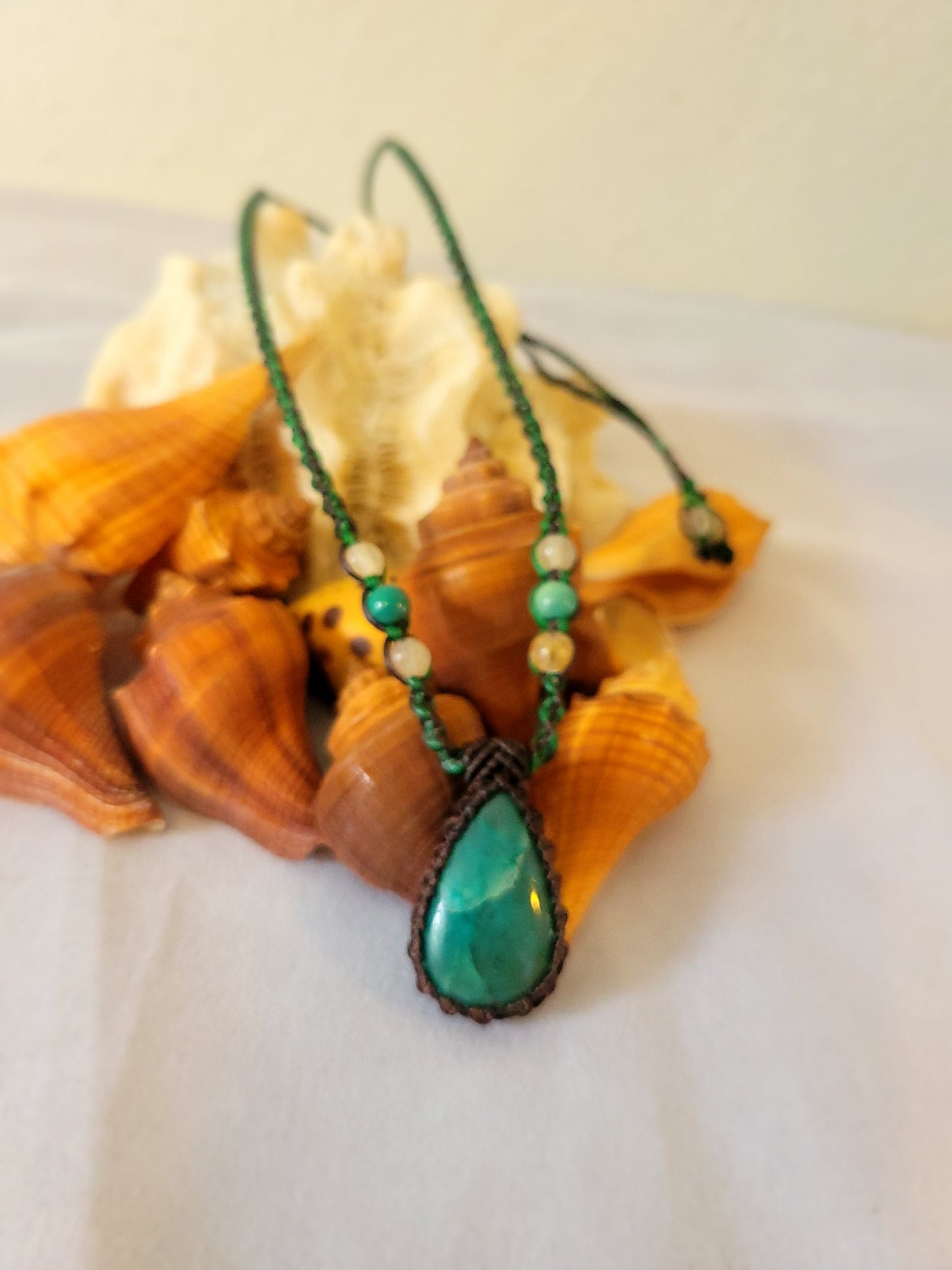 Elegant Green Chrysocolla Stone Pendant - Micromacrame Artistry with Quartz Beads