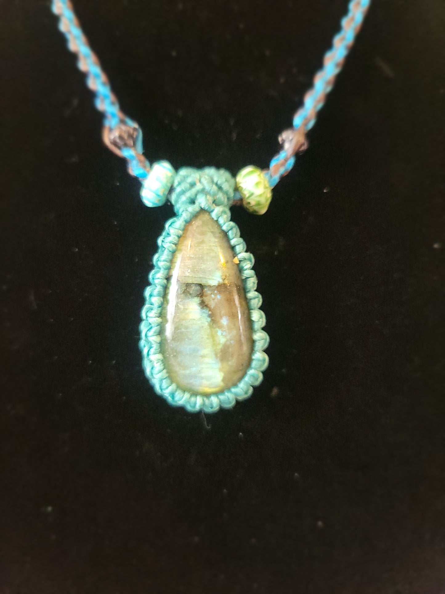 Labradorite Pendant Necklace with Aqua Macrame Cord – Adjustable Length Bohemian Jewelry