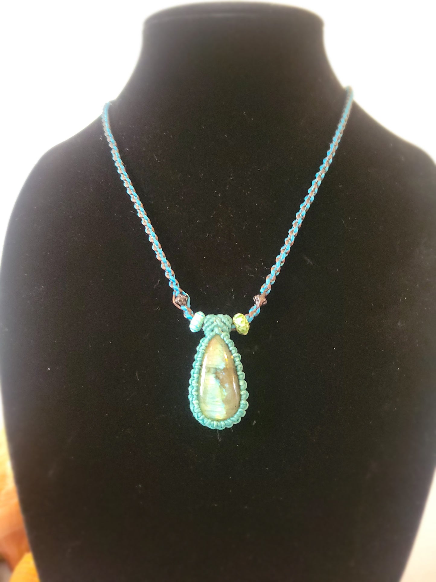 Labradorite Pendant Necklace with Aqua Macrame Cord – Adjustable Length Bohemian Jewelry