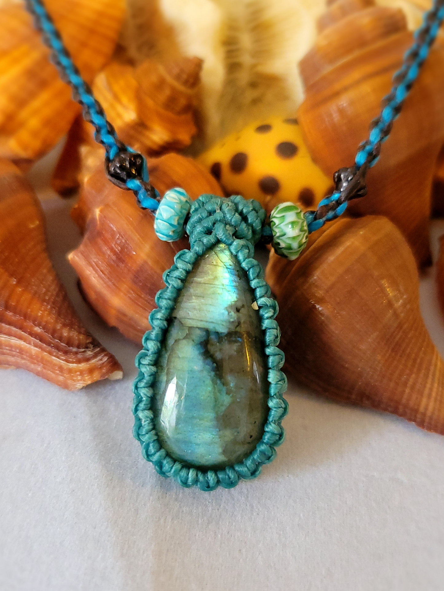 Labradorite Pendant Necklace with Aqua Macrame Cord – Adjustable Length Bohemian Jewelry