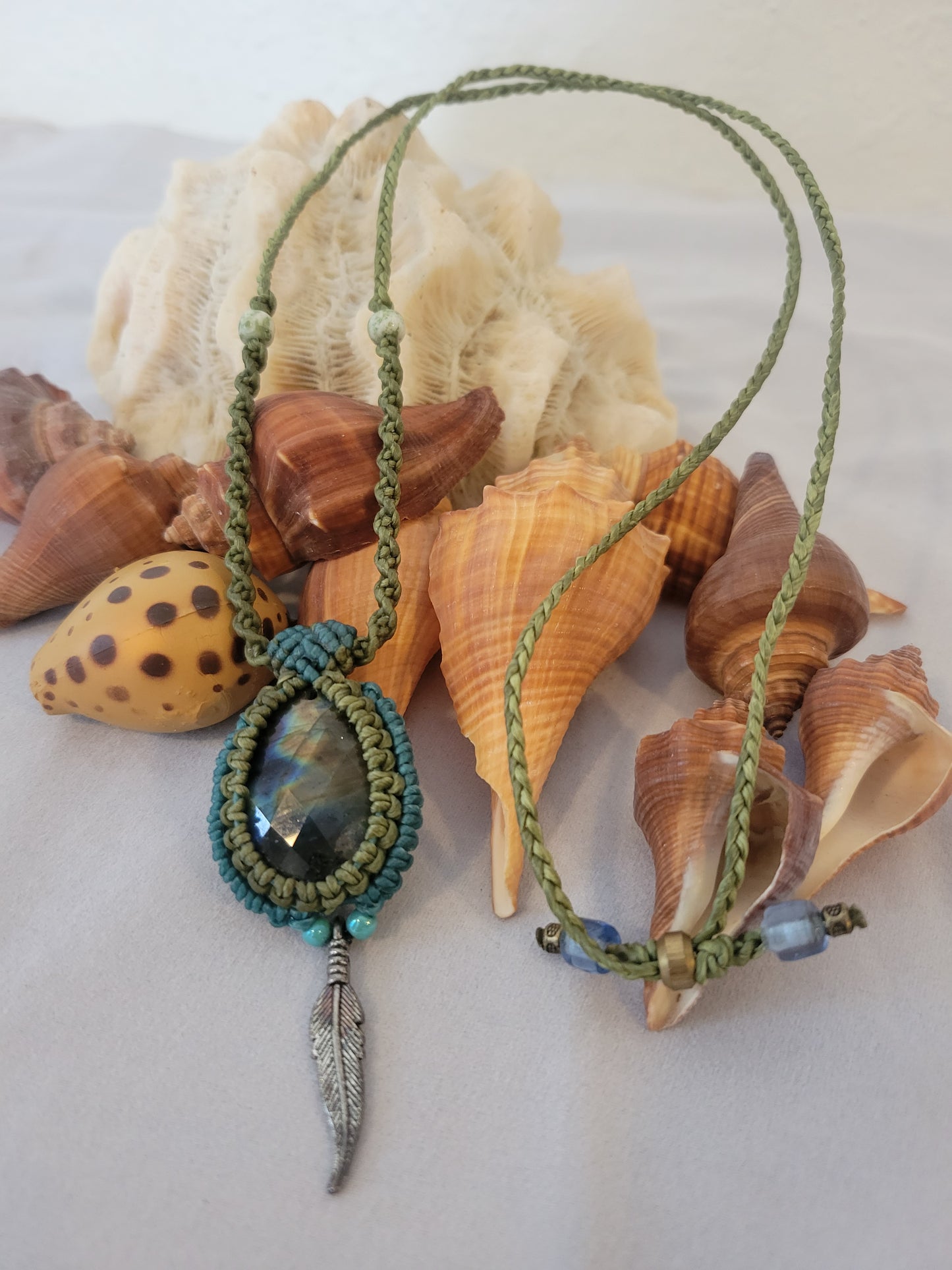 Labradorite Pendant Necklace with Olive Green and Turquoise Macrame Cord – Adjustable Length with Feather Charm