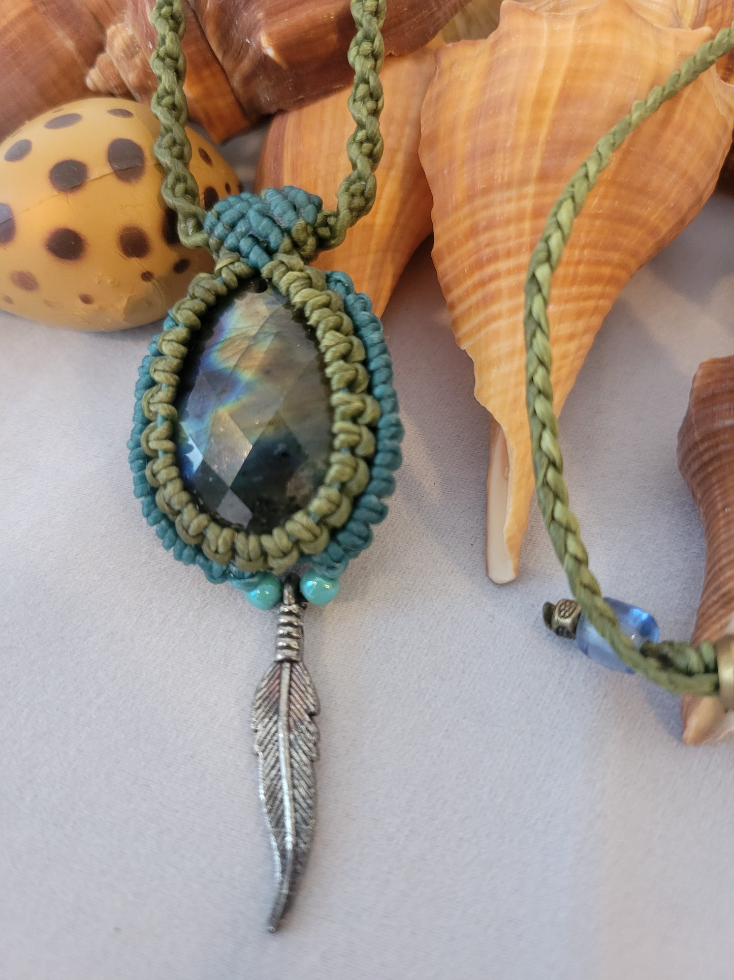 Labradorite Pendant Necklace with Olive Green and Turquoise Macrame Cord – Adjustable Length with Feather Charm