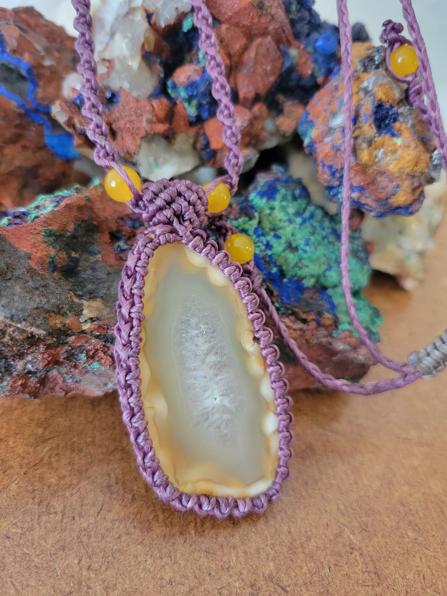 Handcrafted Amber Agate Slice Pendant Necklace – Adjustable Purple Macrame Cord with Stone Beads