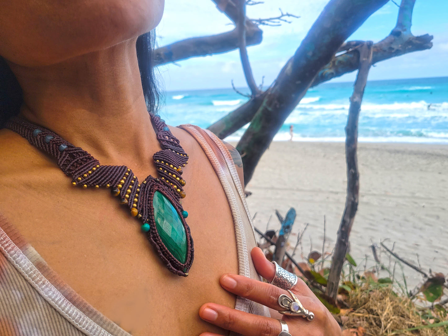 Intricate Malachite Micromacramé Necklace with Geometric Design & Tiger Eye Beads