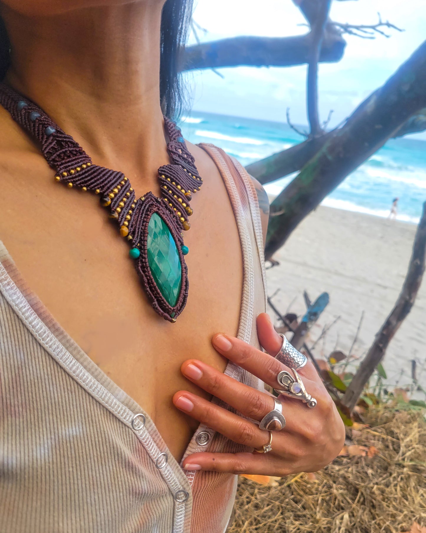 Intricate Malachite Micromacramé Necklace with Geometric Design & Tiger Eye Beads