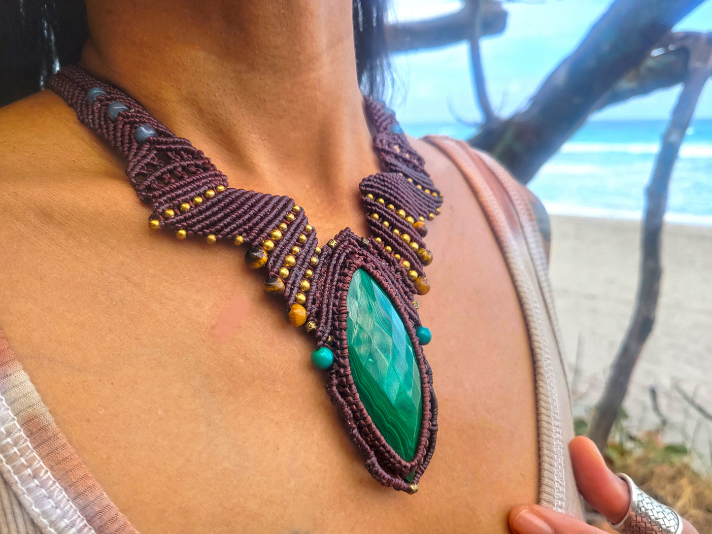 Intricate Malachite Micromacramé Necklace with Geometric Design & Tiger Eye Beads