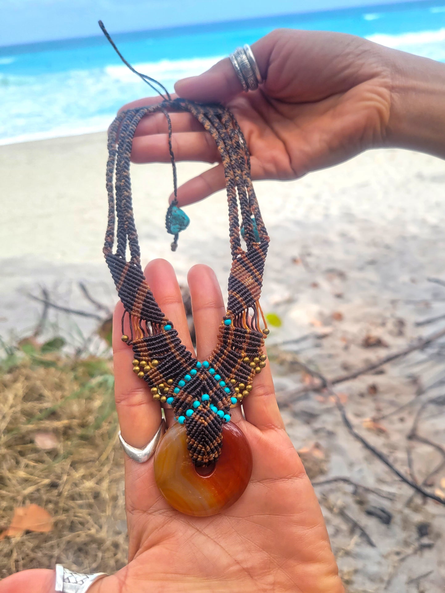 Orange and Red Agate Ring Pendant Micromacramé Necklace