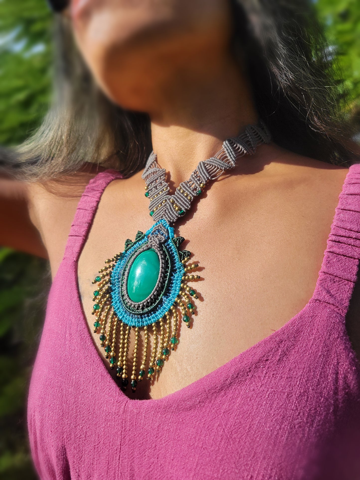 Ornate Malachite Pendant Necklace – Peacock Feather Micromacrame with Brass & Green Onyx Beads