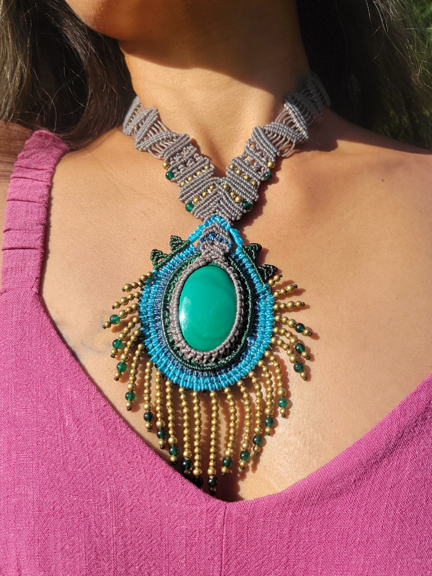 Ornate Malachite Pendant Necklace – Peacock Feather Micromacrame with Brass & Green Onyx Beads