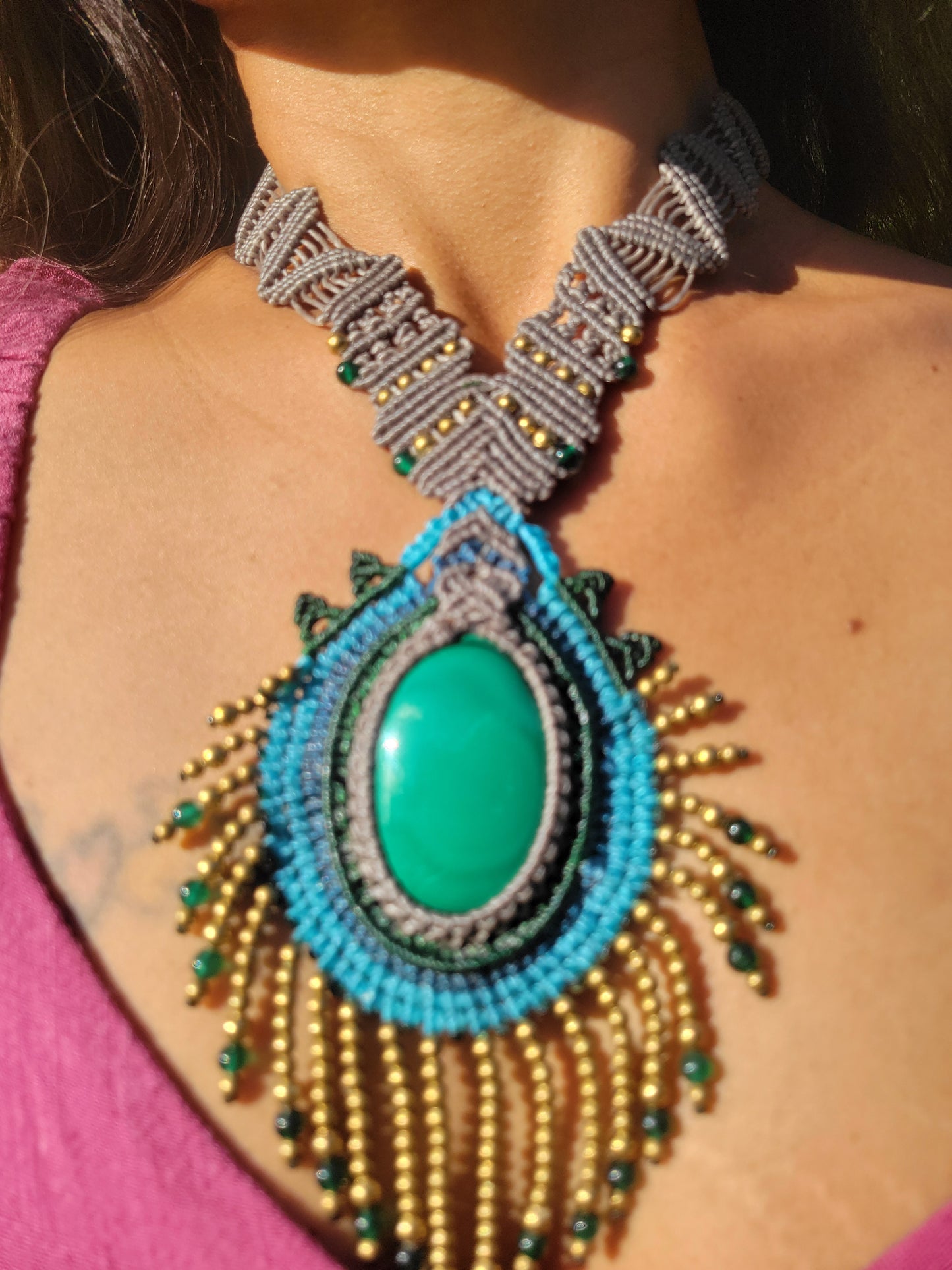 Ornate Malachite Pendant Necklace – Peacock Feather Micromacrame with Brass & Green Onyx Beads