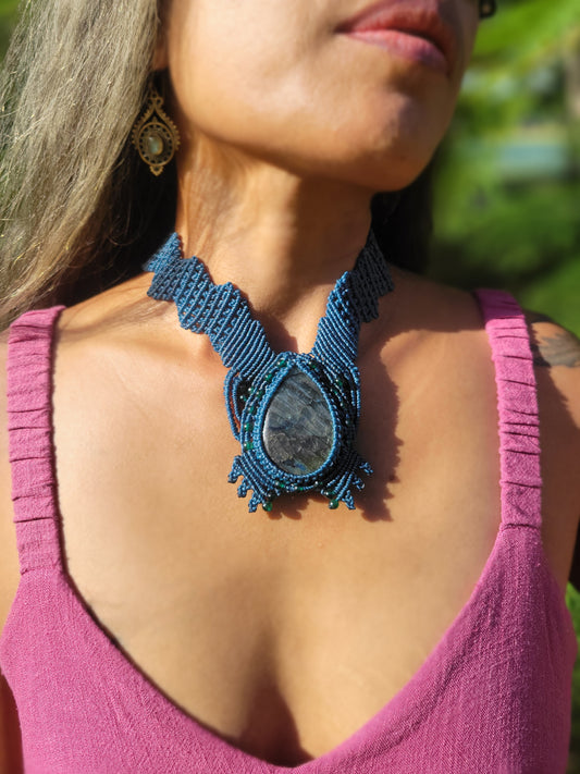 Intricately Woven Labradorite Choker Necklace – Micromacrame in Blue Waxed Cotton Cord