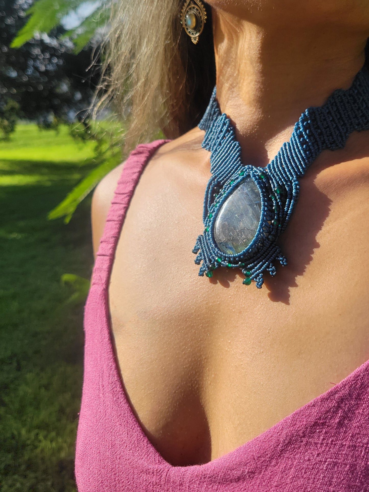 Intricately Woven Labradorite Choker Necklace – Micromacrame in Blue Waxed Cotton Cord