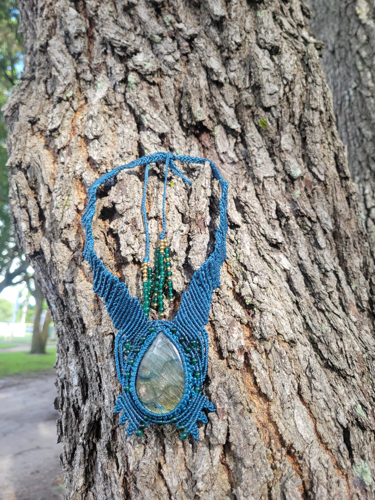 Intricately Woven Labradorite Choker Necklace – Micromacrame in Blue Waxed Cotton Cord