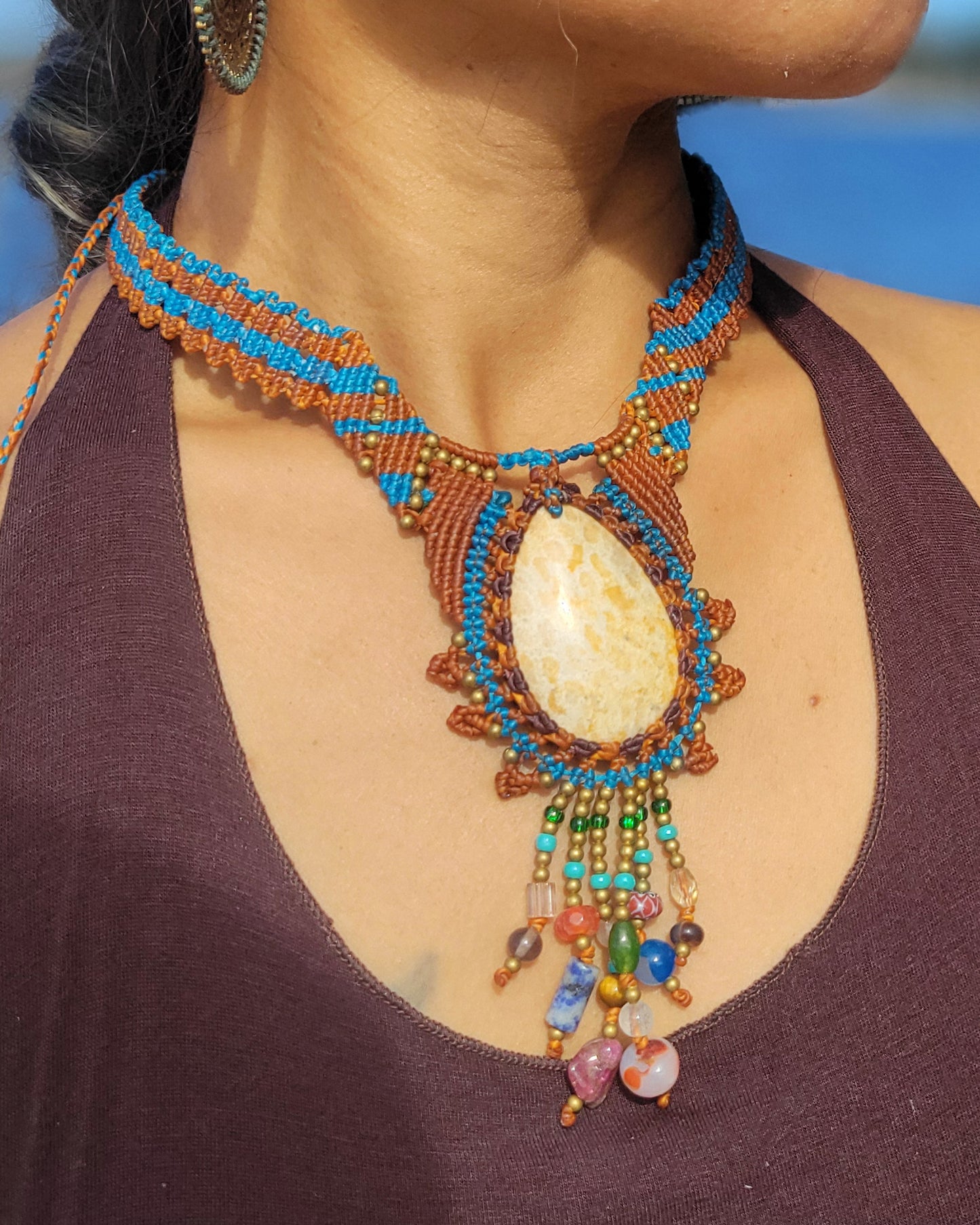 Fossilized Coral Boho Choker – Mediterranean-Inspired with Turquoise and Brass Accents