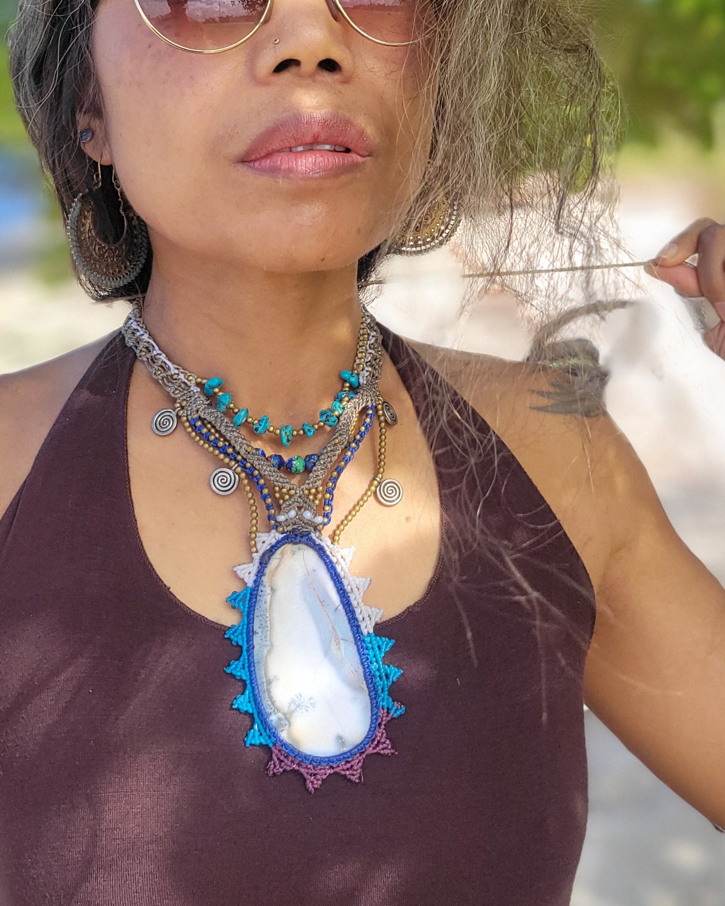 Dendritic Opal Pendant Choker Necklace – Multistranded Design with Turquoise, Jasper & Brass Beads