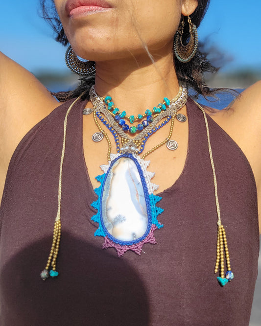 Dendritic Opal Pendant Choker Necklace – Multistranded Design with Turquoise, Jasper & Brass Beads