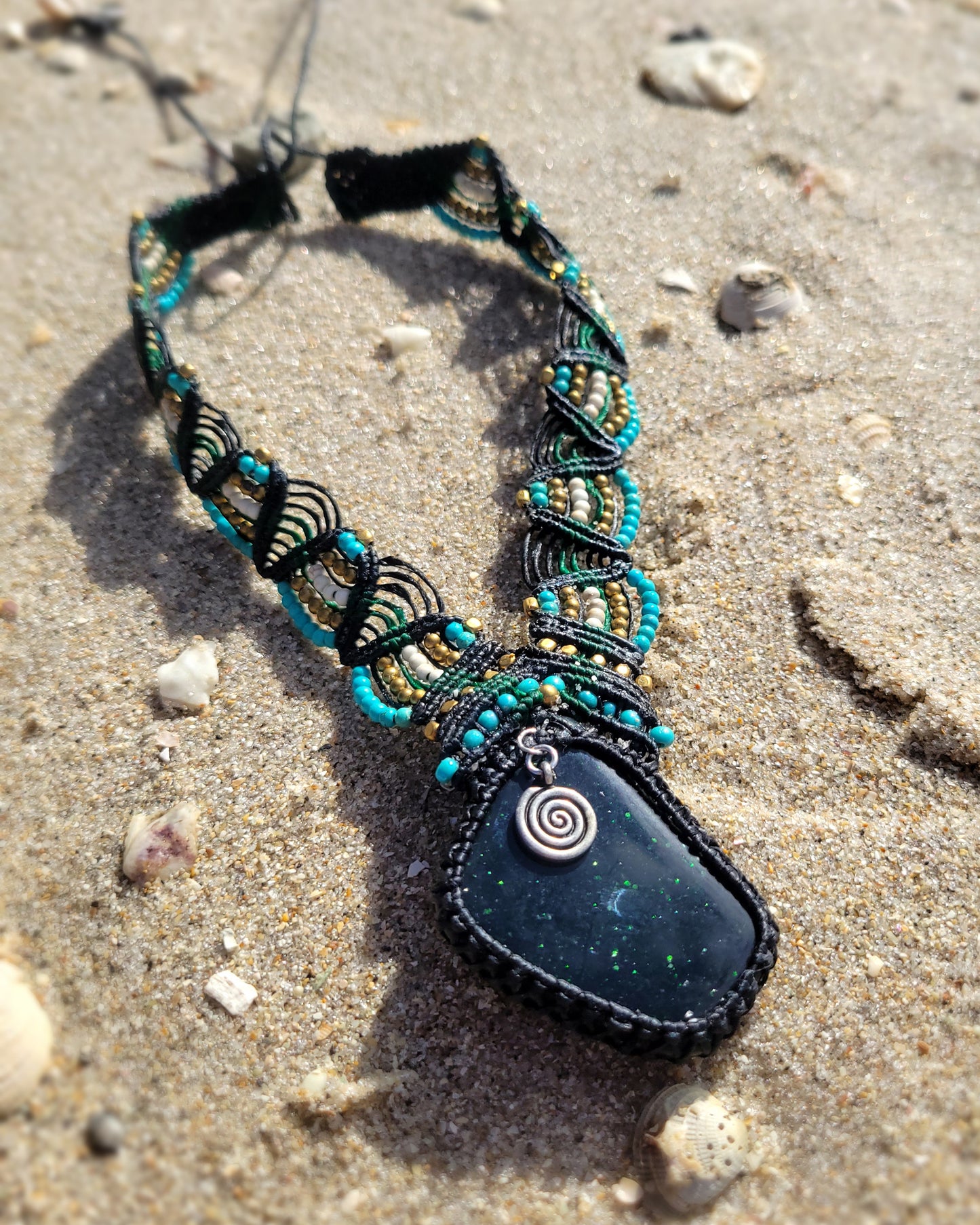 Green Goldstone Pendant Necklace – Micromacrame with Rolling Waves of Blue, White & Brass Beads