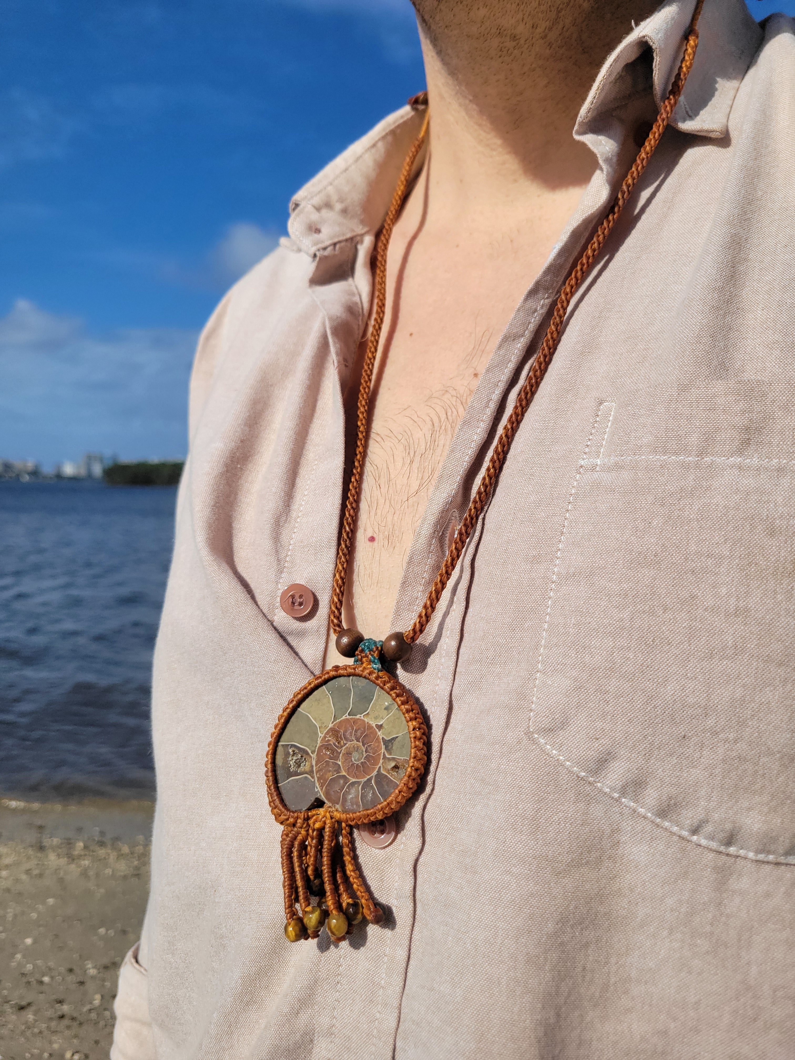 Ammonite Fossil Necklace in Brown and Bronze popular Micro Macrame