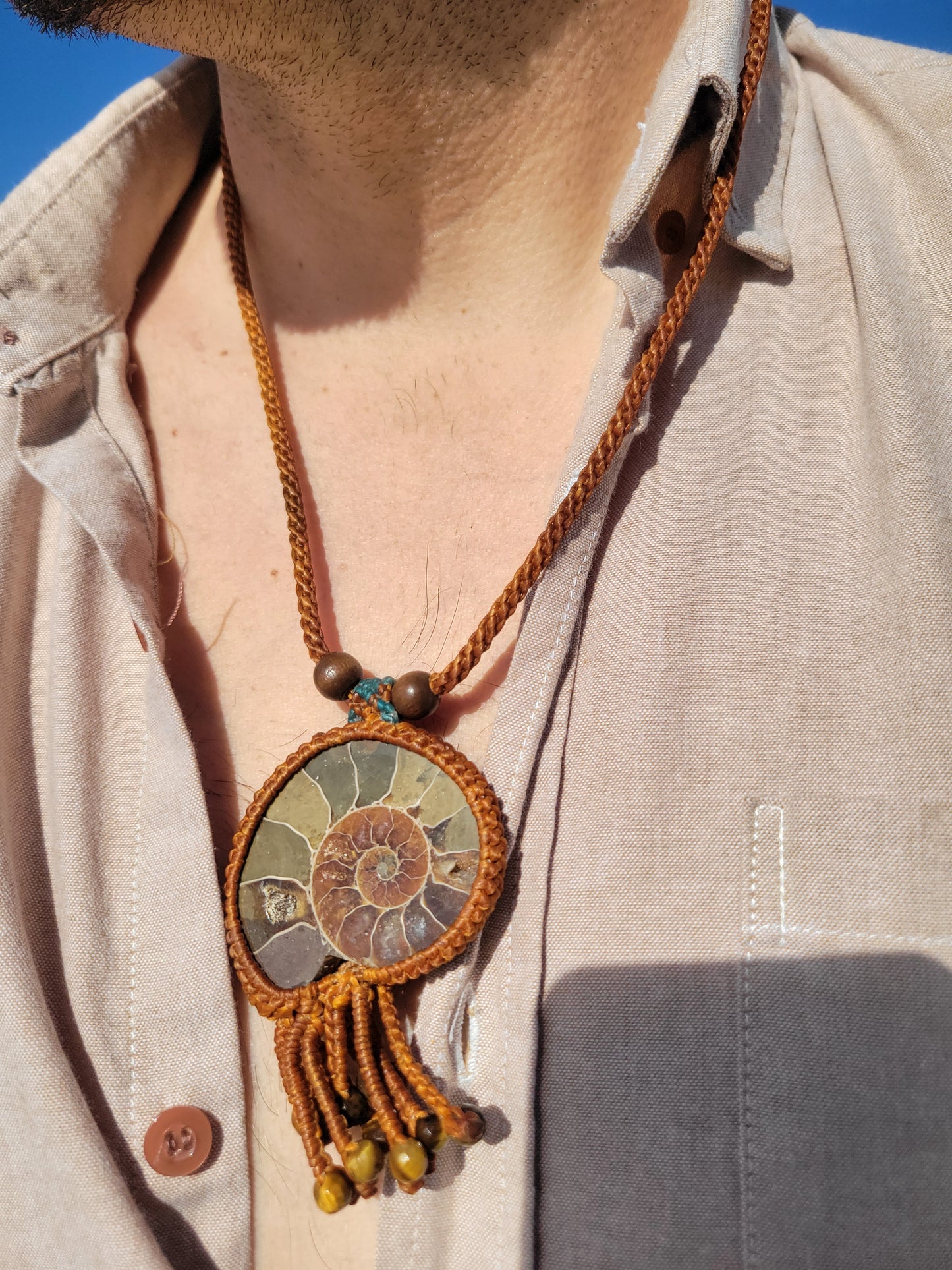 Men's Fossilized Ammonite Pendant Necklace – Sacred Geometry- Micromacrame with Wood Beads