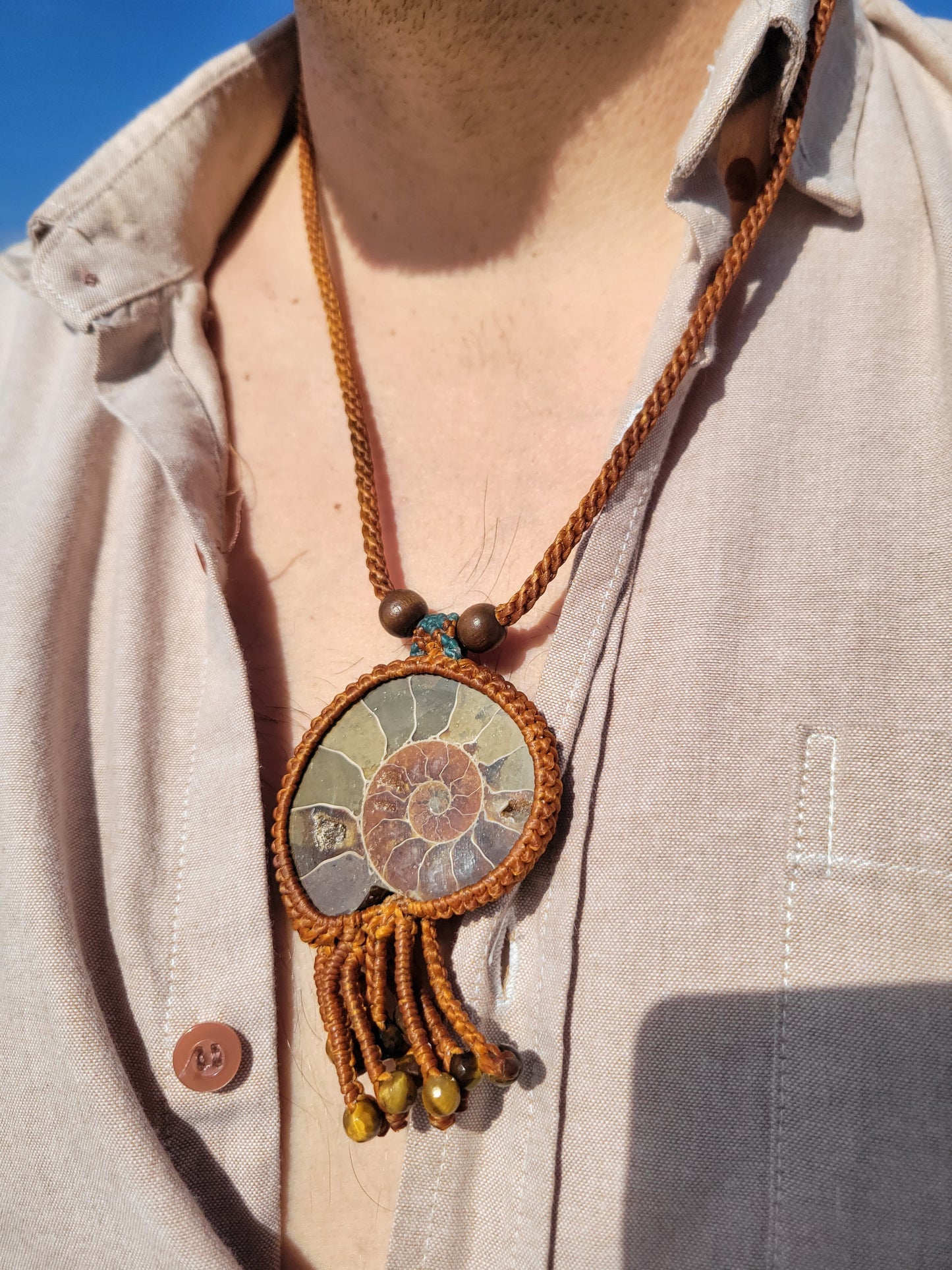 Men's Fossilized Ammonite Pendant Necklace – Sacred Geometry- Micromacrame with Wood Beads