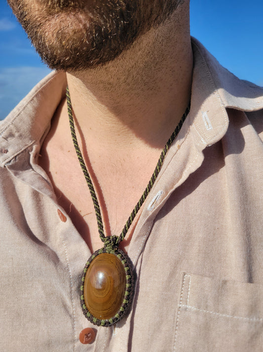 Men's Tiger's Eye Pendant Necklace – Oval Stone with Green Cord Wrap - Grounding & Protective Energy - Boho Hippie Jewelry