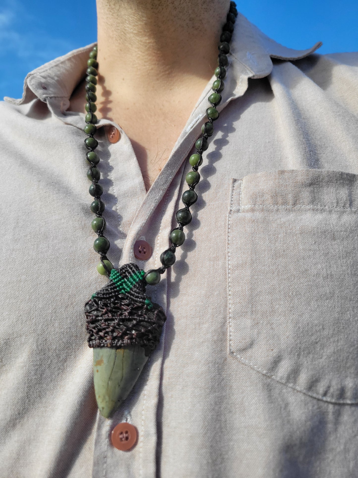 Fossil Shark Tooth Necklace for Men – Black & Green Cord Wrap with Kambaba Jasper Beads