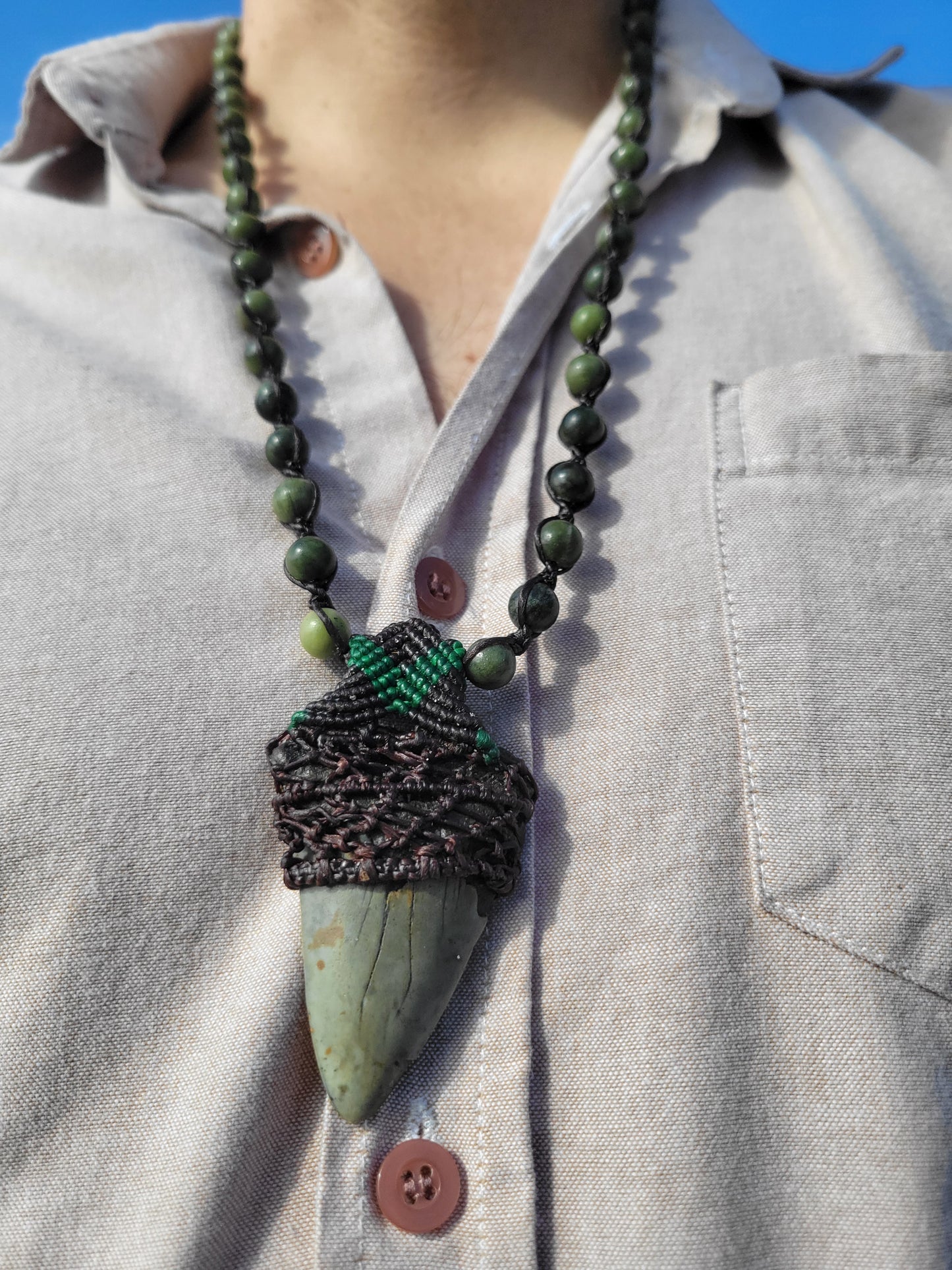 Fossil Shark Tooth Necklace for Men – Black & Green Cord Wrap with Kambaba Jasper Beads