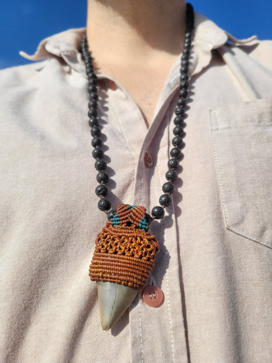 Fossil Shark Tooth Necklace with Black Lava Beads – Prehistoric Elegance and Conservation