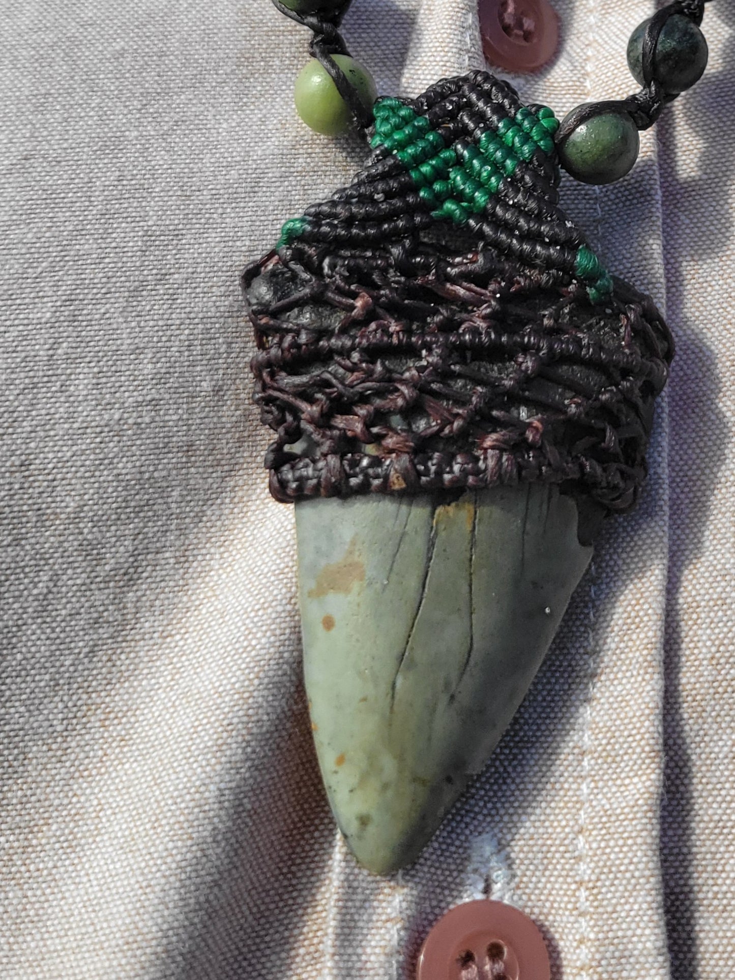 Fossil Shark Tooth Necklace for Men – Black & Green Cord Wrap with Kambaba Jasper Beads