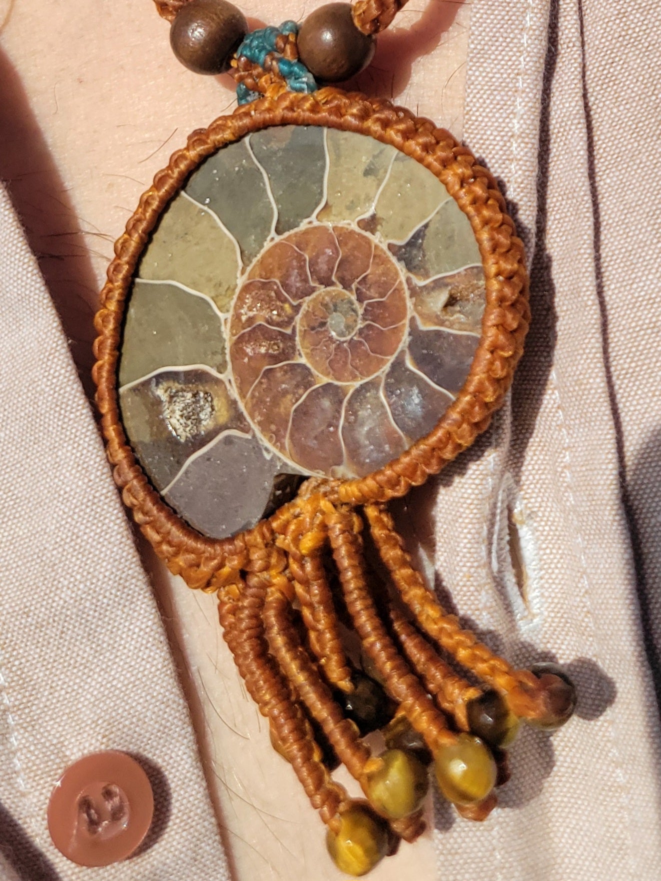 Men's Fossilized Ammonite Pendant Necklace – Sacred Geometry- Micromacrame with Wood Beads