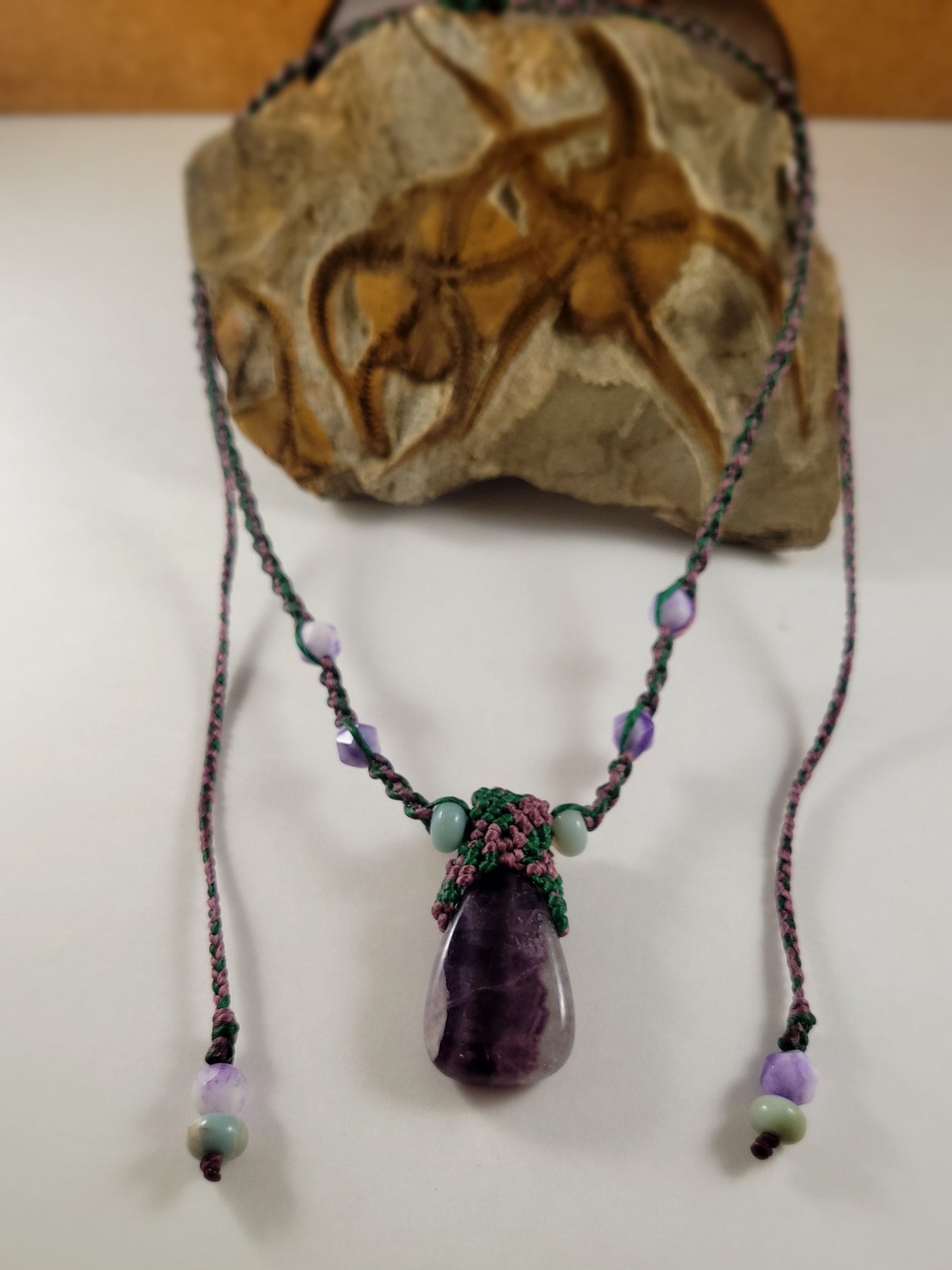 Handcrafted Amethyst Pendant Necklace with Micromacrame and Amethyst Bead Accents – Adjustable 17-30 Inches