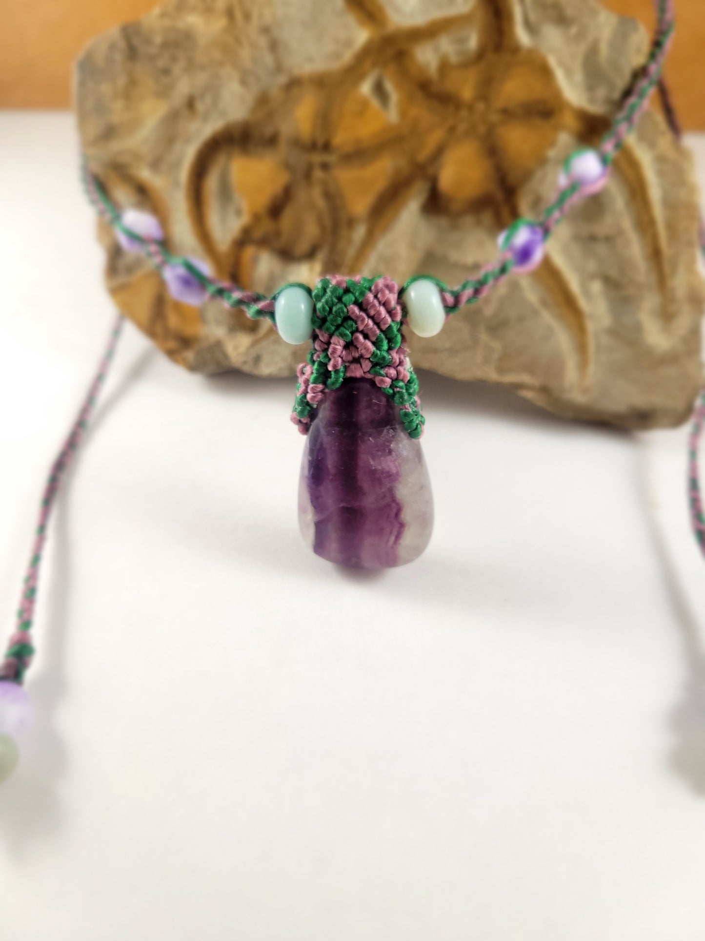 Handcrafted Amethyst Pendant Necklace with Micromacrame and Amethyst Bead Accents – Adjustable 17-30 Inches