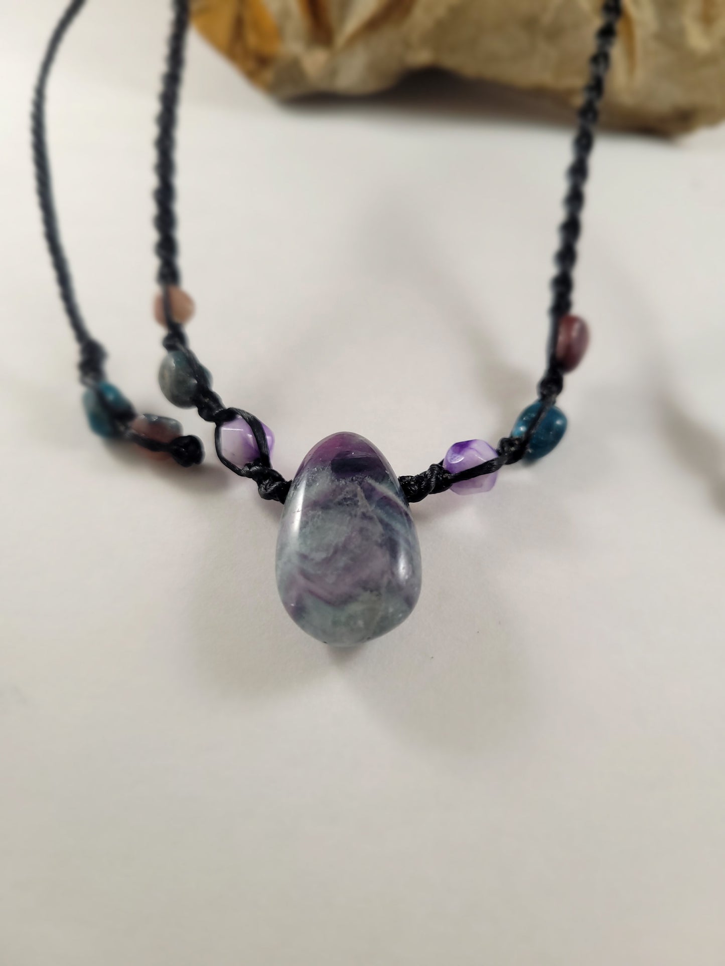 Handcrafted Rainbow Fluorite Pendant Necklace with Amethyst Beads – Adjustable Micromacrame Design (15-22 Inches)