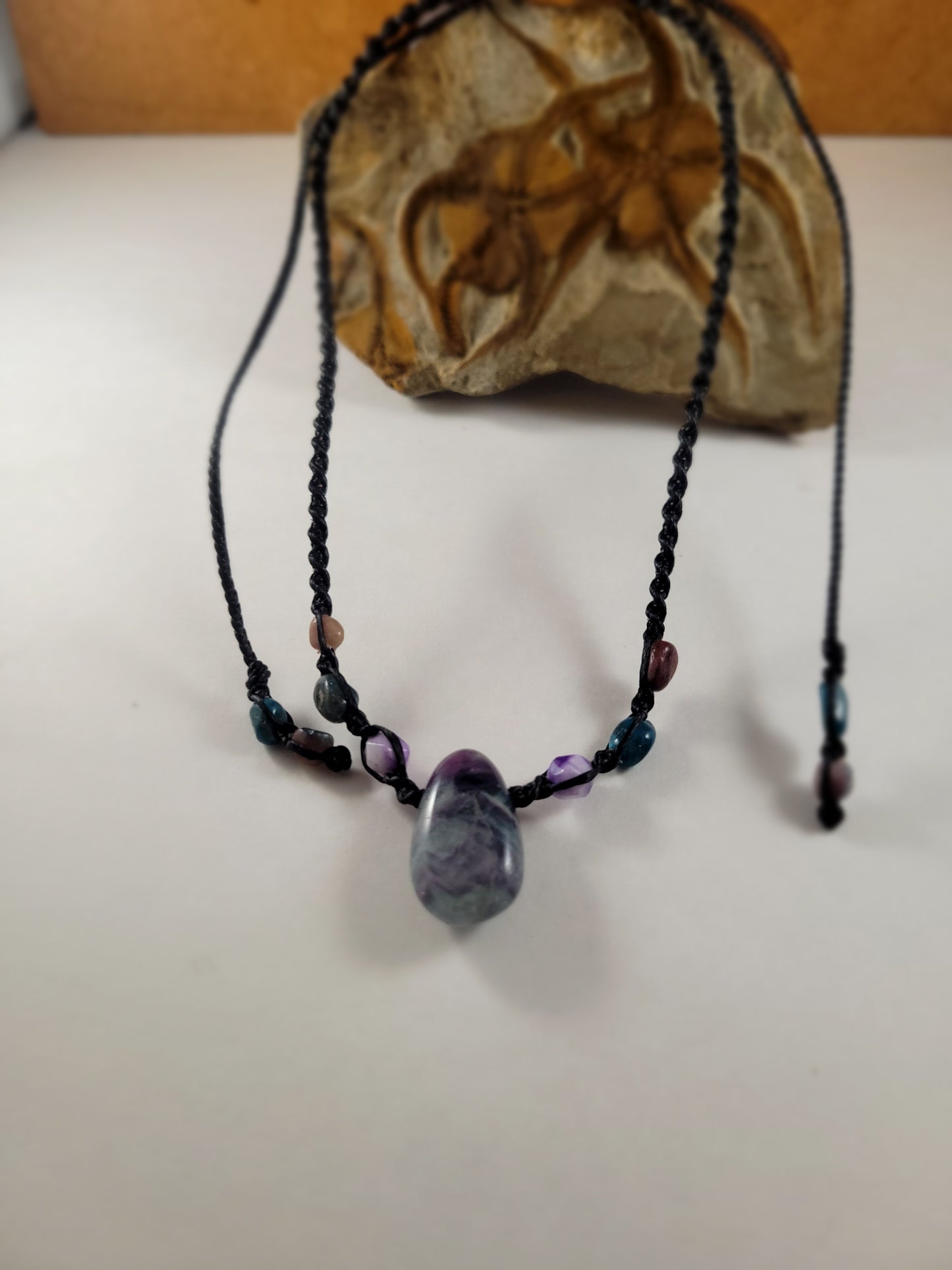 Handcrafted Rainbow Fluorite Pendant Necklace with Amethyst Beads – Adjustable Micromacrame Design (15-22 Inches)