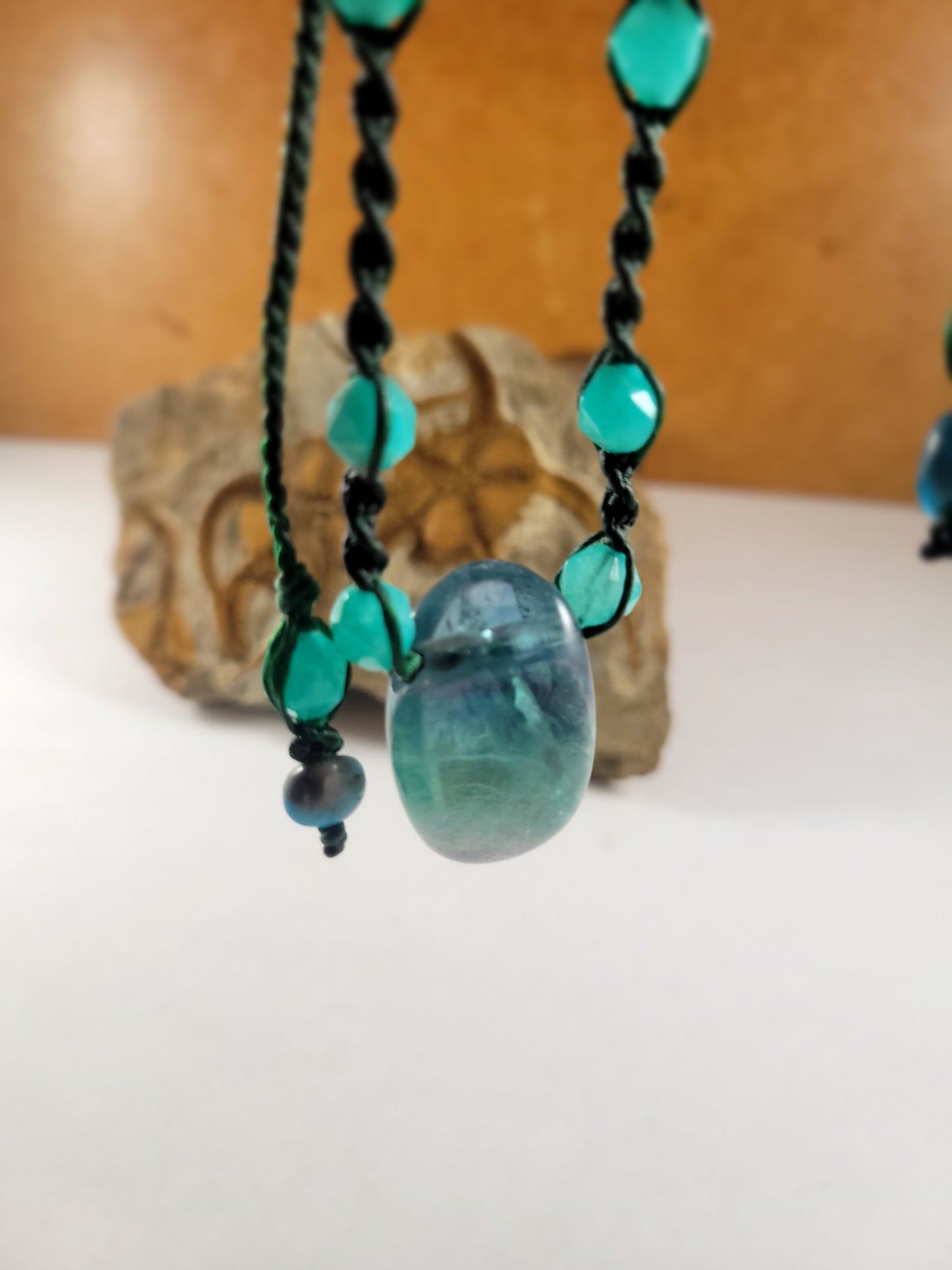 Handcrafted Rainbow Fluorite Pendant Necklace with Green Aventurine Beads – Adjustable Micromacrame Design (16-28 Inches)