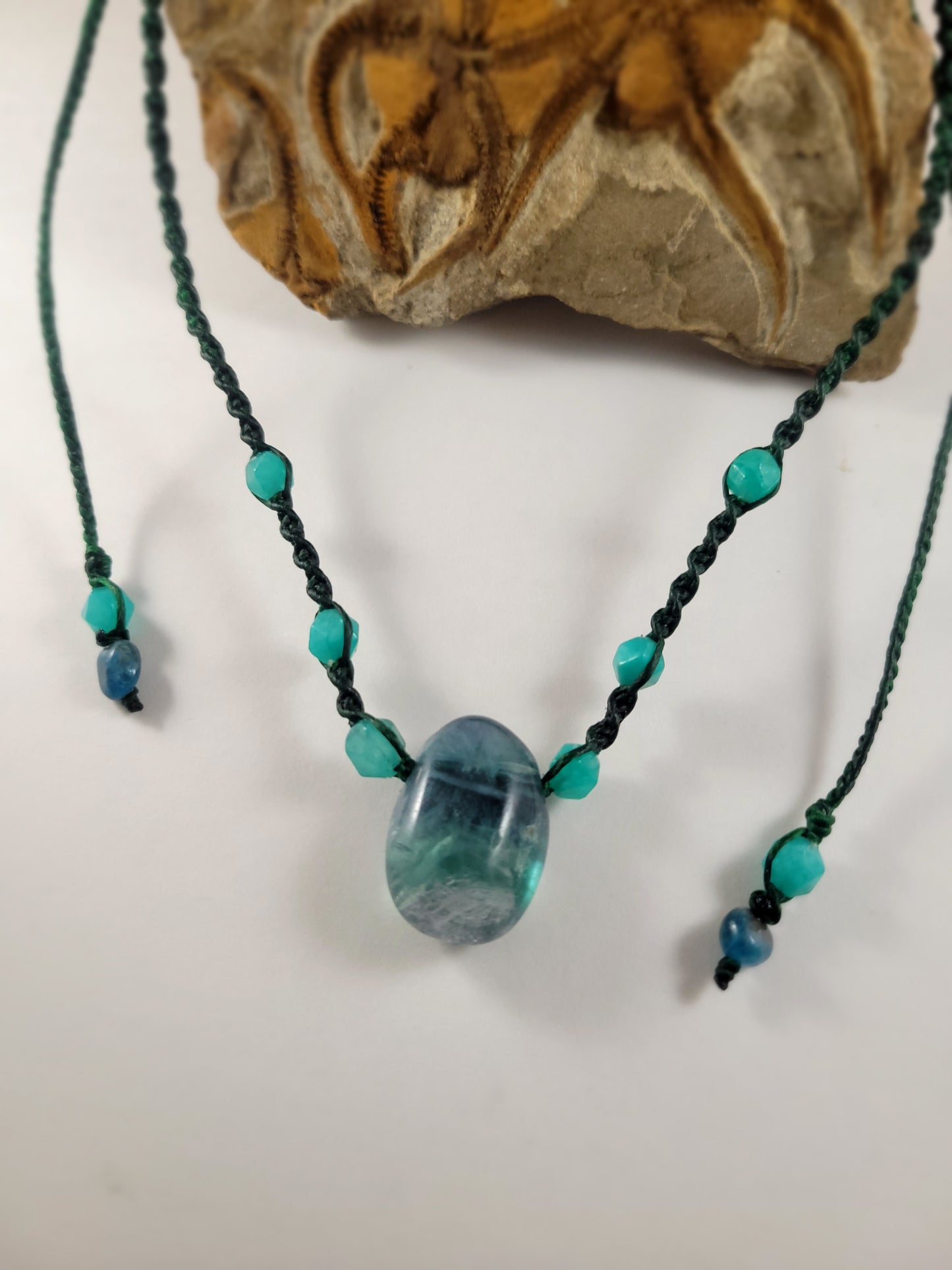 Handcrafted Rainbow Fluorite Pendant Necklace with Green Aventurine Beads – Adjustable Micromacrame Design (16-28 Inches)