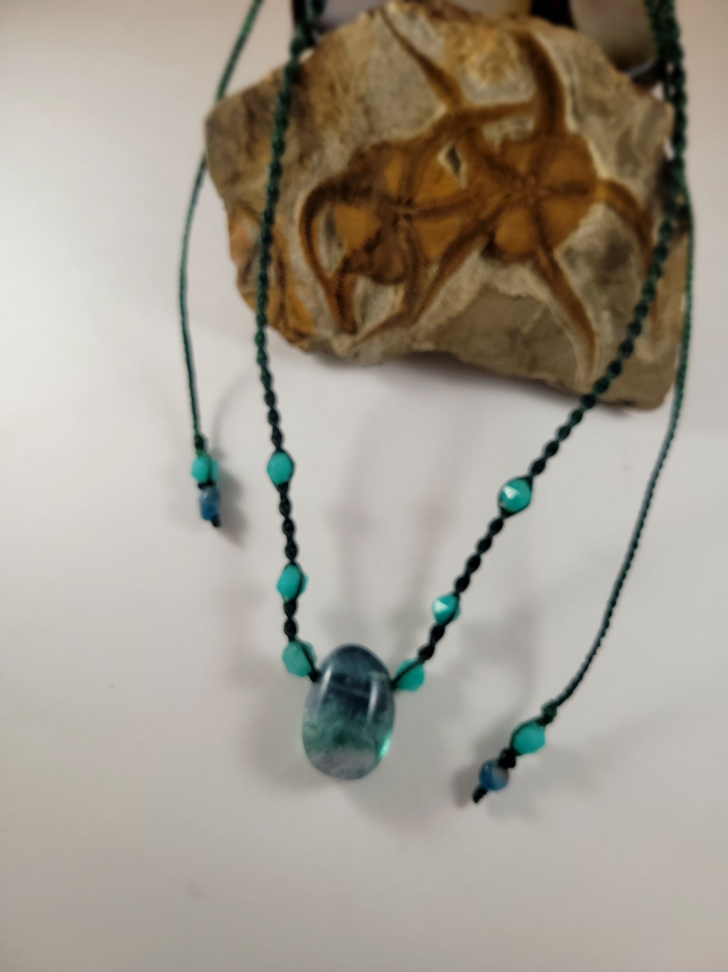 Handcrafted Rainbow Fluorite Pendant Necklace with Green Aventurine Beads – Adjustable Micromacrame Design (16-28 Inches)