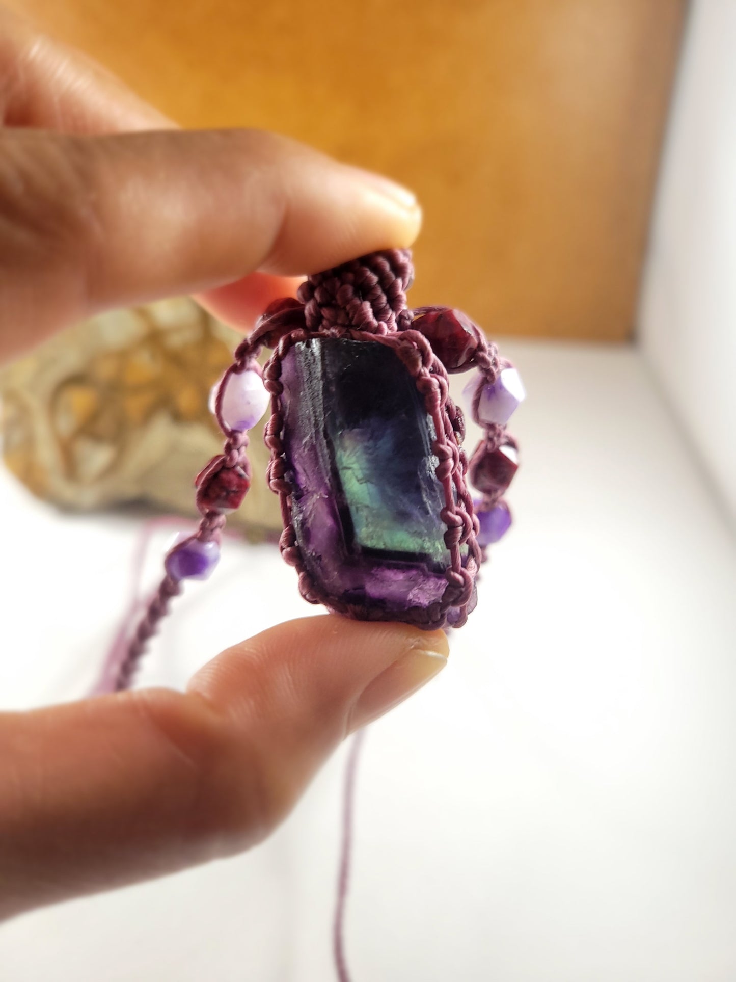 Handcrafted Natural Rainbow Fluorite Pendant Necklace with Amethyst Beads – Adjustable Purple Micromacrame Design (16-23 Inches)