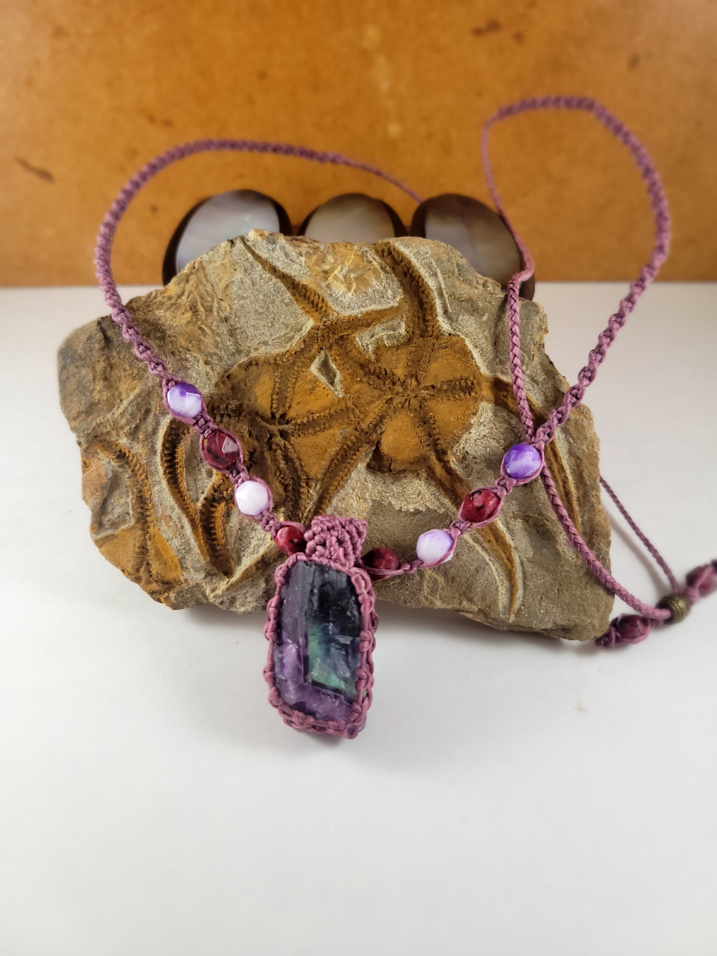 Handcrafted Natural Rainbow Fluorite Pendant Necklace with Amethyst Beads – Adjustable Purple Micromacrame Design (16-23 Inches)