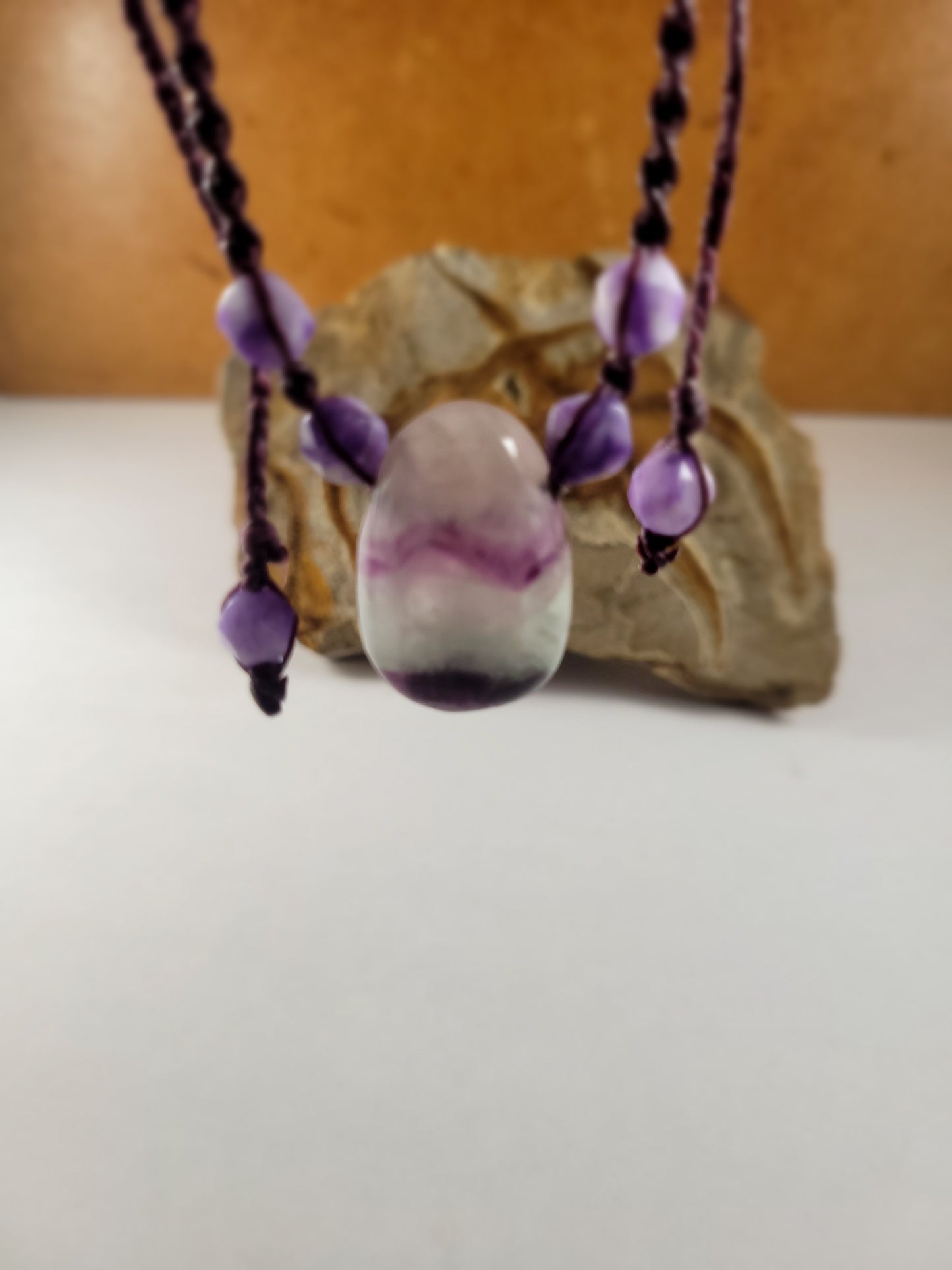 Handcrafted Rainbow Fluorite Pendant Necklace with Amethyst Beads – Adjustable Brown Micromacrame Design (14-21 Inches)