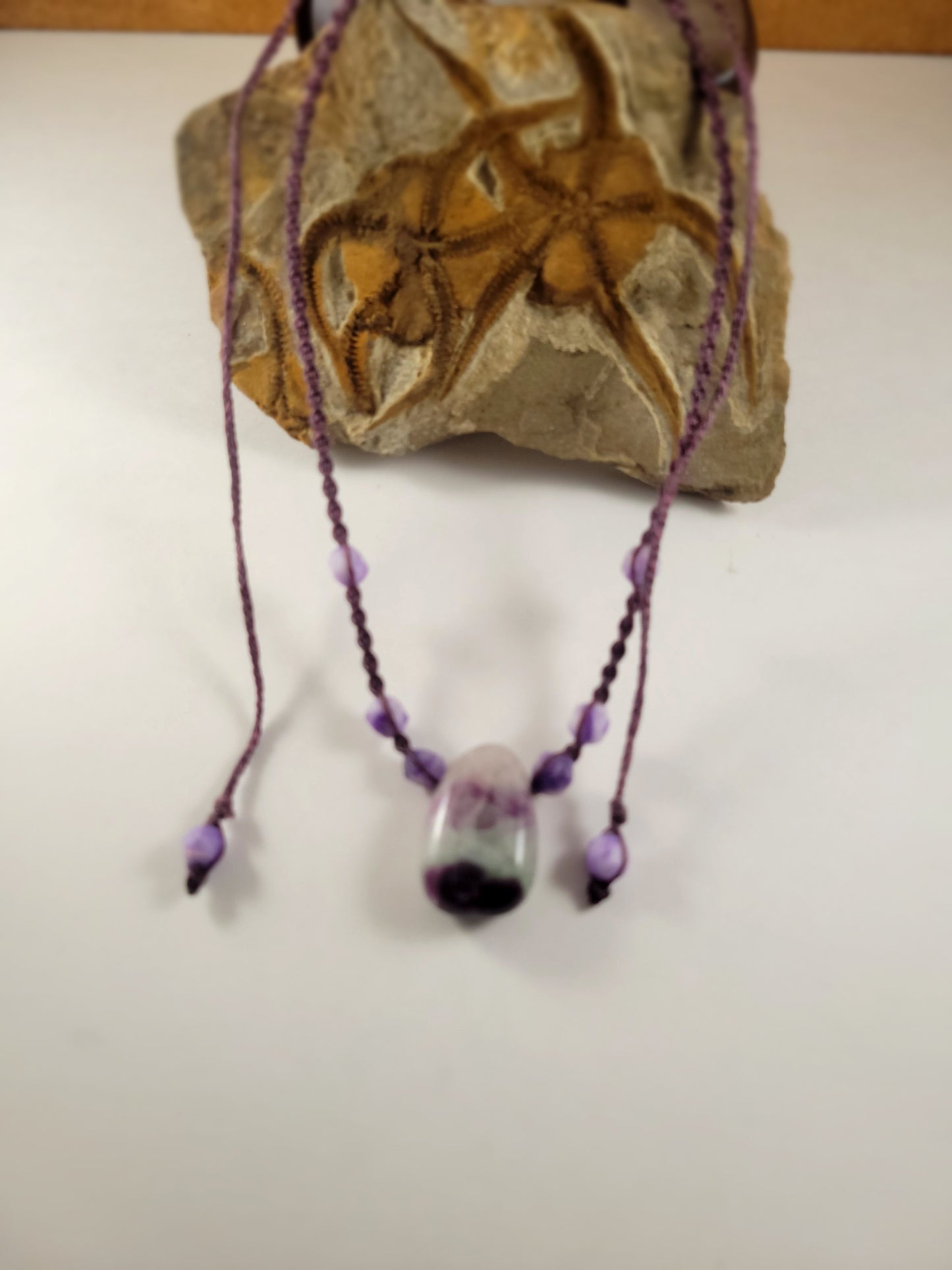 Handcrafted Rainbow Fluorite Pendant Necklace with Amethyst Beads – Adjustable Brown Micromacrame Design (14-21 Inches)