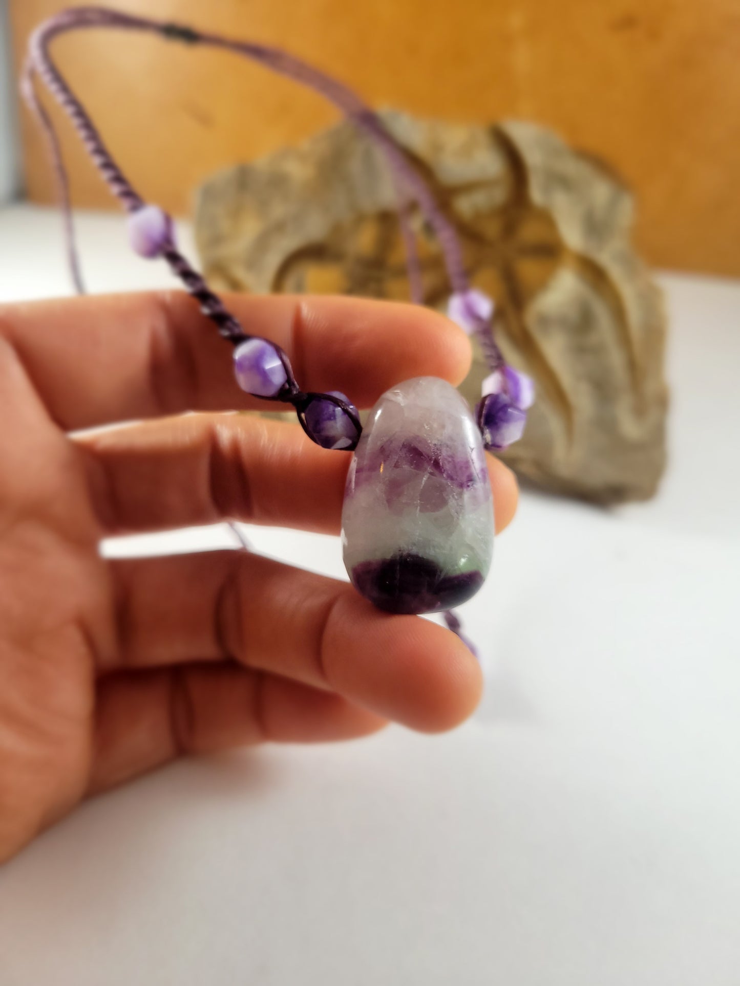 Handcrafted Rainbow Fluorite Pendant Necklace with Amethyst Beads – Adjustable Brown Micromacrame Design (14-21 Inches)