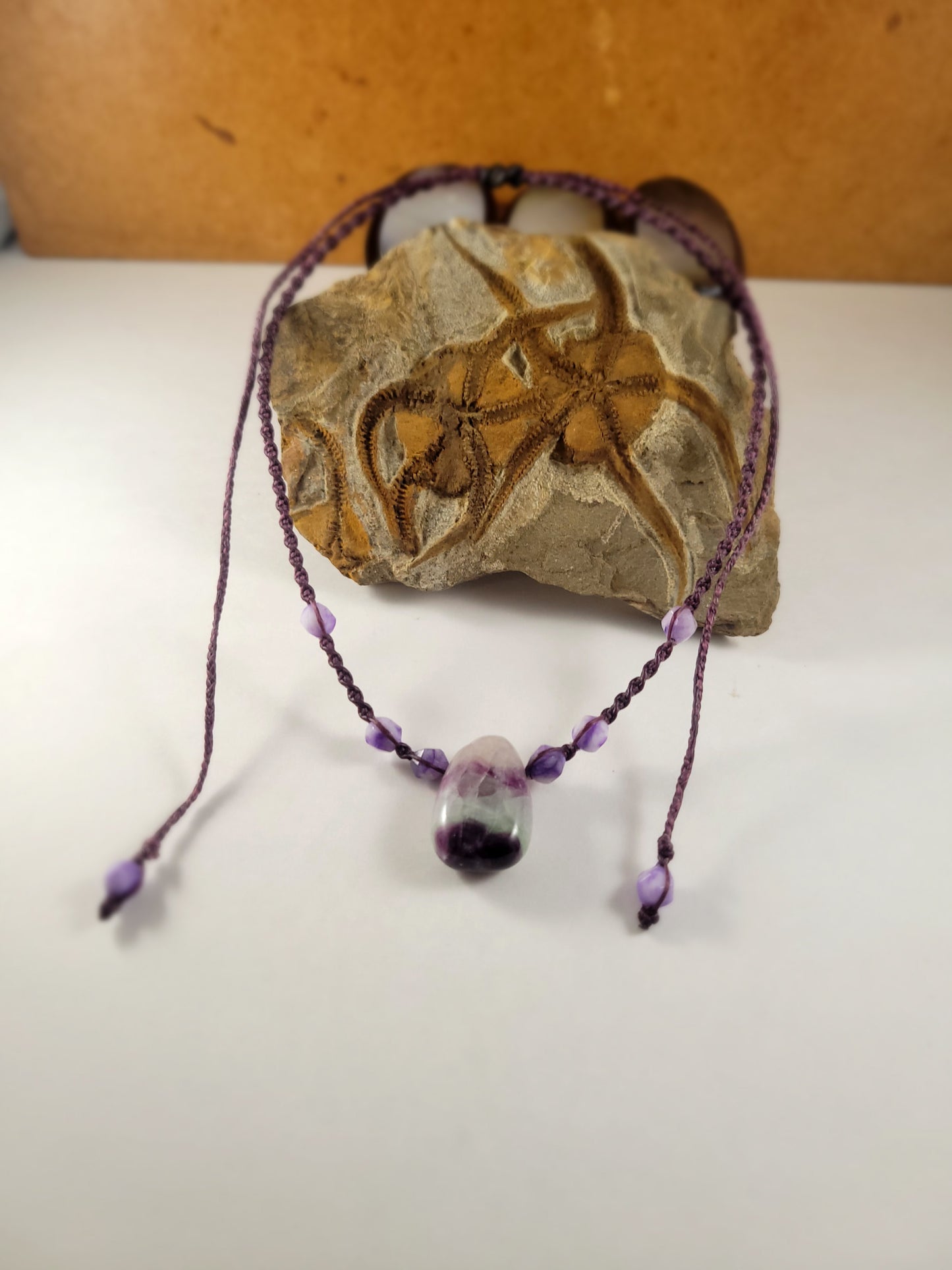 Handcrafted Rainbow Fluorite Pendant Necklace with Amethyst Beads – Adjustable Brown Micromacrame Design (14-21 Inches)