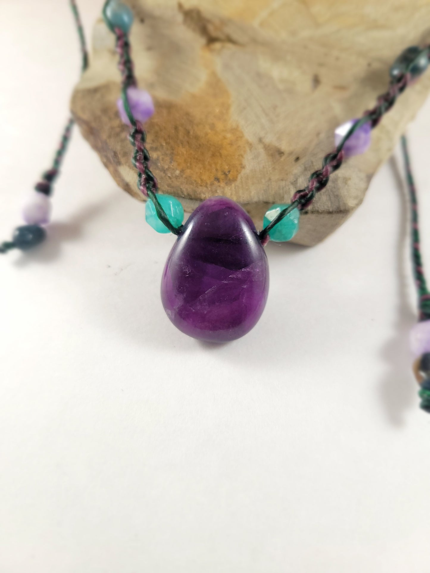 Handcrafted Teardrop Dark Purple Rainbow Fluorite Pendant Necklace with Stone Beads – Adjustable Brown Micromacrame Design (17-24 Inches)