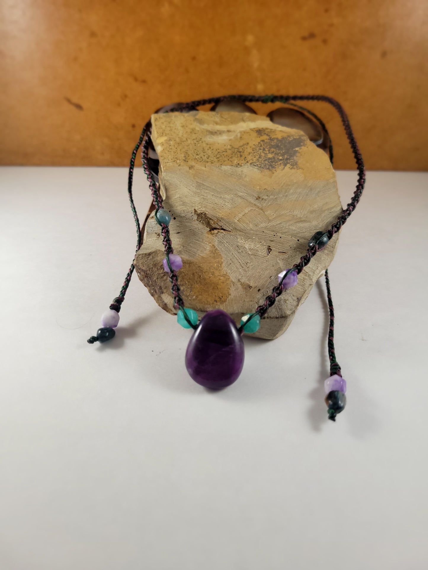 Handcrafted Teardrop Dark Purple Rainbow Fluorite Pendant Necklace with Stone Beads – Adjustable Brown Micromacrame Design (17-24 Inches)