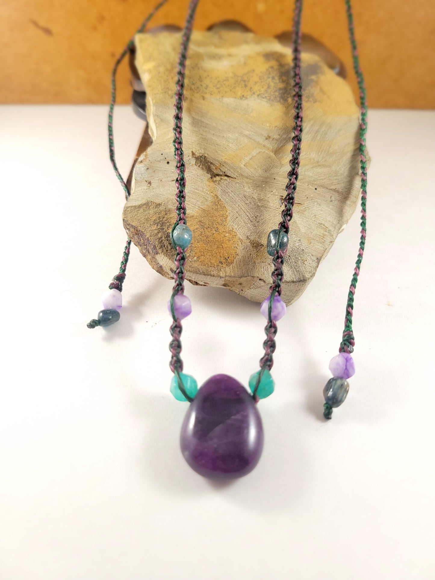 Handcrafted Teardrop Dark Purple Rainbow Fluorite Pendant Necklace with Stone Beads – Adjustable Brown Micromacrame Design (17-24 Inches)