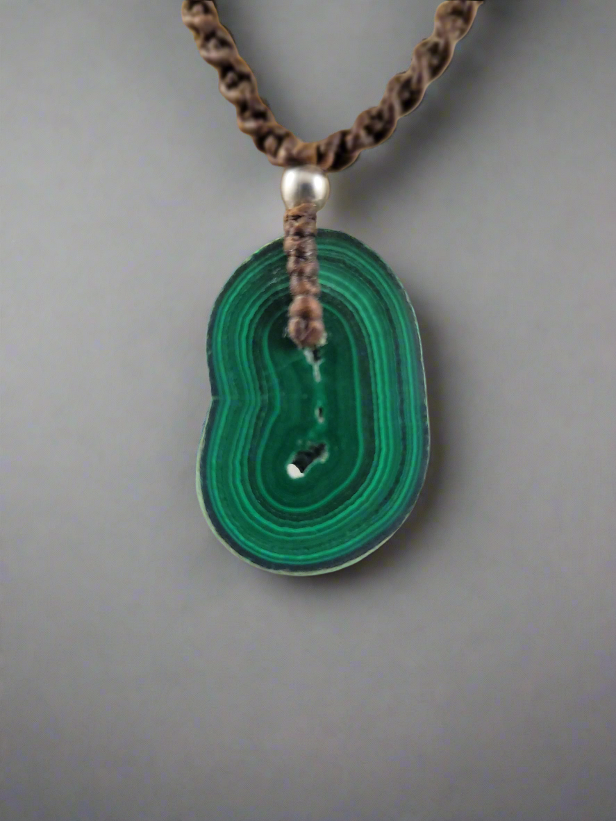 Natural Malachite Stalactite Slice Pendant Necklace – 13-Inch Dark Brown Macrame Cord with Toggle Clasp